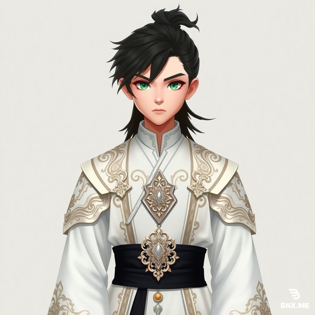 Create an image of a young male character dressed in an elaborate, ornate robe that embodies a blend of traditional and fantasy aesthetics. His outfit is predominantly white, adorned with intricate silver and gold detailing, giving it a regal and ethereal quality. The robe features a high collar and wide, structured shoulders, enhancing the character's noble presence. A central decorative piece, resembling an intricate pendant, rests at the waist, cinched with a broad black sash that contrasts elegantly with the lighter tones of the robe.  The character has long, flowing black hair styled in a topknot, with loose strands framing his angular face, accentuating his sharp features. His eyes are strikingly vivid, a unique shade of green that captivates the viewer’s attention, conveying both confidence and a sense of mystery. His expression is serene yet commanding, suggesting wisdom beyond his years.  Position the character against a minimalistic, neutral background that emphasizes the details of his attire without distraction. The lighting should be soft yet focused, creating a gentle glow that highlights the textures of the fabric and the reflective qualities of the metallic embellishments. Subtle shadows should add depth to the folds of the robe, enhancing the three-dimensionality of the garment.  The overall mood of the image is one of elegance and power, evoking a sense of mystical authority. The character's pose is upright and poised, suggesting readiness and strength, while the flowing lines of his attire create a dynamic sense of movement. Incorporate a slight artistic flair reminiscent of traditional Asian art styles, with delicate line work and a color palette that balances cool and warm tones harmoniously.  Capture the essence of the character's story through visual elements, implying that he is a figure of significance in a grand narrative, perhaps a warrior, a scholar, or a leader in a fantastical realm. The intricate details of his clothing reflect a rich cultural heritage, while his modern, stylized features connect with contemporary fantasy aesthetics.  Incorporate elements of light and shadow artistically to enhance the character's features and clothing, emphasizing the contrast between the bright white of the robe and the deep black of the sash. This contrast not only adds visual interest but also symbolizes the balance between light and darkness in his character's journey.  The image should embody a blend of realism and stylization, inviting the viewer into a world where fantasy and reality intertwine seamlessly. Aim for a composition that draws the eye to the character as the focal point, utilizing the background and lighting to create an atmosphere that is both enchanting and immersive. This portrayal should resonate with themes of honor, strength, and the mystical aspects of the character's identity, making it a captivating piece that tells a story through its visual elements.