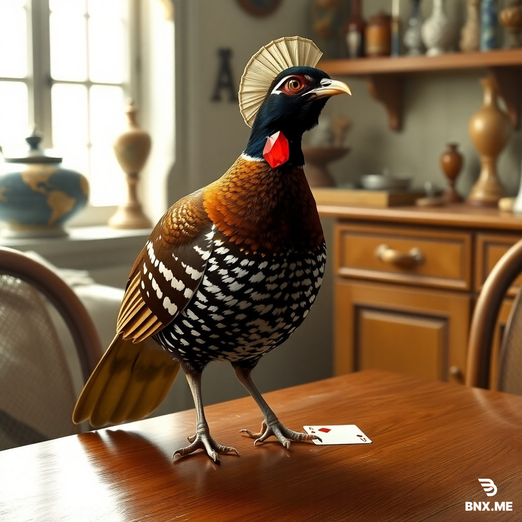Realistic partridge with bonnet and waistcoat, standing on table in 1880s kitchen, a playing card with only one red diamond on the table beside it, natural bird posture. No humans.
