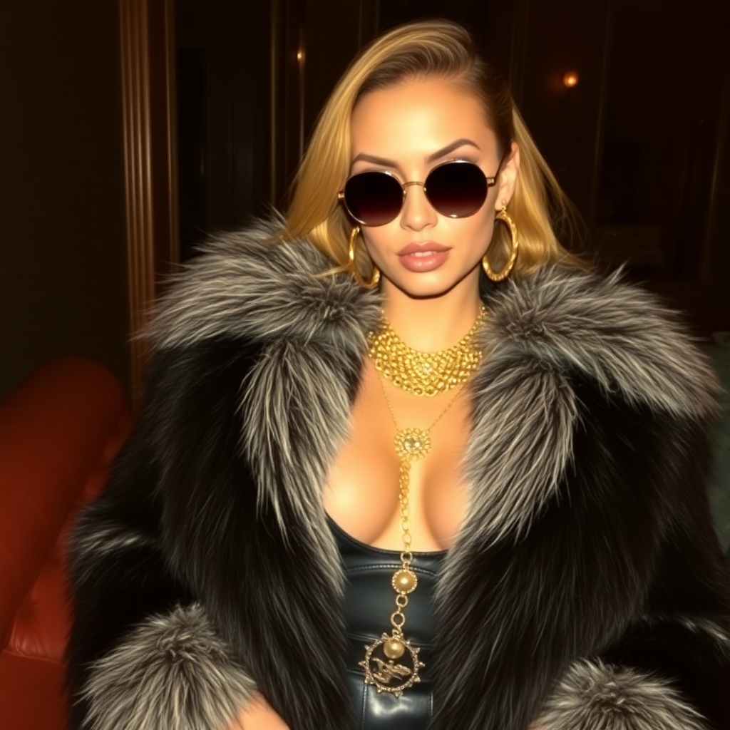 boring low quality snapchat photo circa 2015, beautiful model as a mobster, mafia, mafia outfit, faux fur coats, chunky gold jewelry, mafia aesthetic, flashy, glamorous, luxury, loud, Goodfellas, The Sopranos, Mob Wives, opulence, confidence