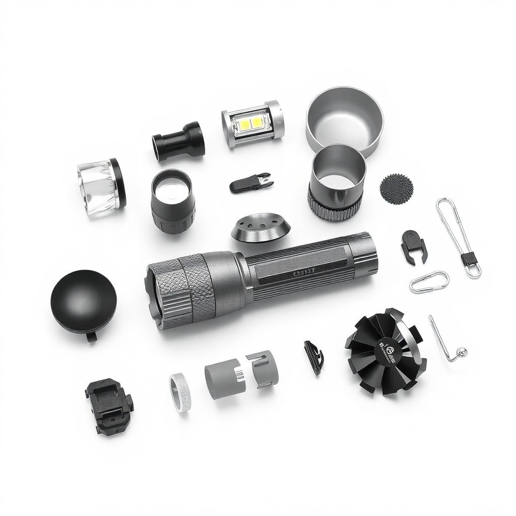 这是我的产品：LED灯泡H4LEDY7迷你灯泡2个    我想生成：  Product explosion view / knolling style disassembly of a high-performance LED flashlight / work light.  Components from top to bottom / left to right:  1. High-definition optical lens (clear convex lens) 2. High-intensity LED bead (model 4575, square shape, yellow emitting surface) 3. High-spotlight reflector cup (smooth parabolic shape, metallic finish) 4. Self-contained secondary reflector cup (removable, textured surface, for flood/spot switching) 5. Aviation aluminum alloy main body (cylindrical with cooling fins, gray anodized) 6. High-speed silent cooling fan (small axial fan, black blades, silver frame) 7. Special buckle / clip (metal spring clip, used to secure the secondary reflector or battery cover)  Layout: White background, evenly lit, high resolution, e-commerce product infographic style. Each part is separated by a small gap, arranged in the order of assembly. No text, no watermark.