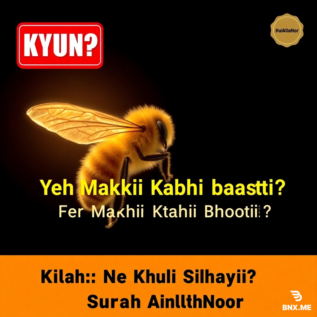 Ultra dramatic cinematic YouTube thumbnail, 16:9 format.  Background: pure deep black, single golden honeybee in center,  macro photography style, sharp wings, glowing golden pollen dust,  dramatic warm golden rim lighting from behind, bokeh blur background,  photorealistic National Geographic quality.  TEXT ON IMAGE — place exactly as written:  TOP LEFT corner — large bold red rectangle badge with white text: "KYUN?"  below it smaller white text: "کیوں؟"  CENTER TOP — very large bold yellow text: "Yeh Makkhi Kabhi Raasta" second line same size bold yellow: "Kyun Nahin Bhooti??"  CENTER BOTTOM — medium white text: "یہ مکھی کبھی راستہ کیوں نہیں بھولتی"  BOTTOM BAR — dark amber full-width rectangle with bold black text: "Allah Ne Khud Sikhaya — Surah An-Nahl"  TOP RIGHT small badge — gold rectangle with black text: "HaiAllahNoor"  Color theme: deep black background, gold #FFD700 main text,  red badge accent, white subtitle text. High contrast. Dramatic. YouTube thumbnail style.