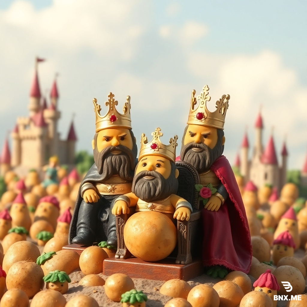 Tiny potato kings wearing majestic crowns, sitting on thrones, overseeing their vast potato kingdom filled with potato subjects and potato castles.