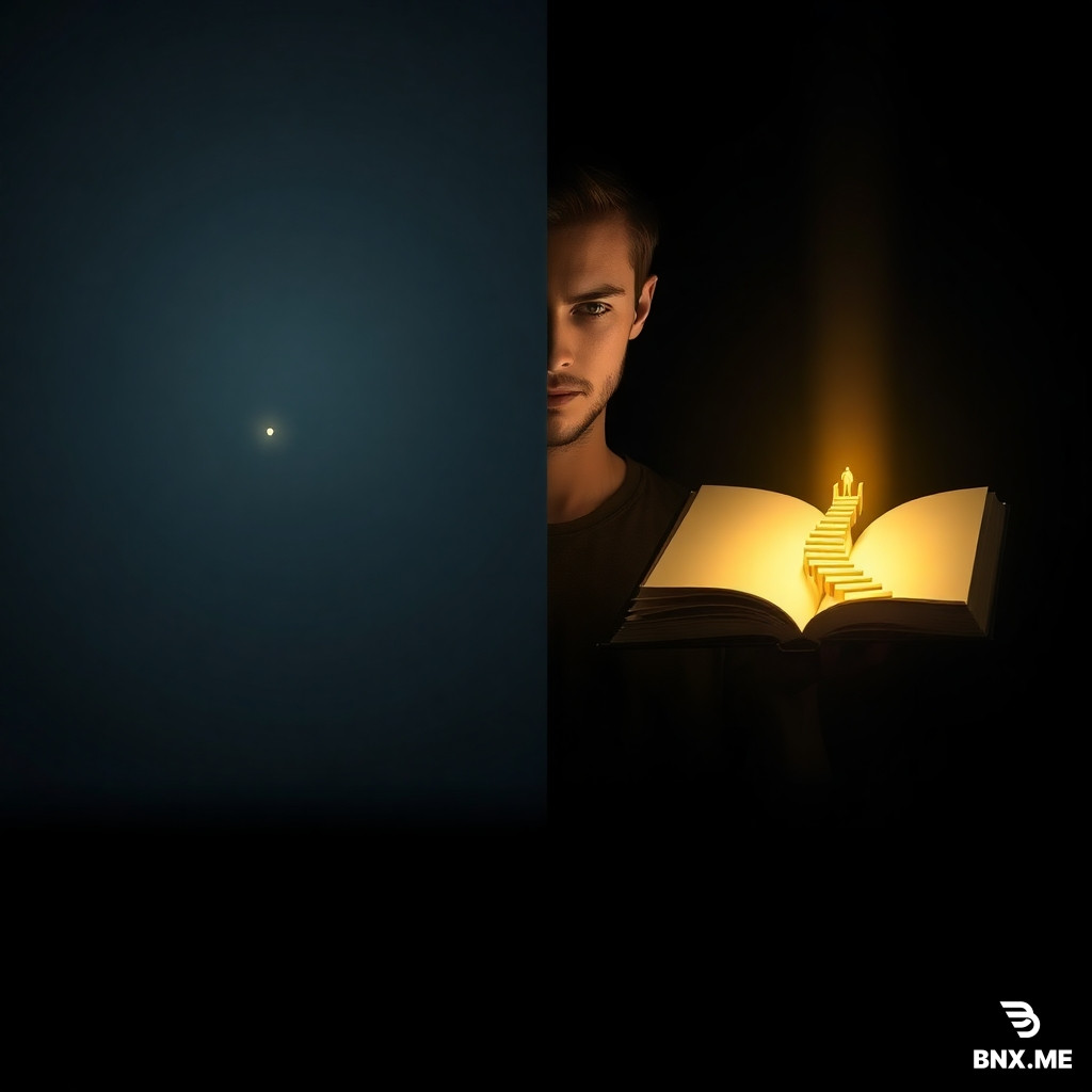Masterpiece cinematic dual-scene composition, vertical 4:5 aspect ratio.  Left half: A single tiny glowing spark or key floating alone in a vast dark space, barely illuminating a small circle around it, cold dim blue-grey surroundings, lonely insignificant feeling, minimal atmosphere.  Right half: The same young man holding a beautifully designed open book, its pages radiating warm golden light, revealing inside a miniature glowing staircase climbing upward into a bright infinite horizon, the book's cover elegant and premium, warm terracotta and gold tones, inspiring majestic atmosphere.  The two scenes are seamlessly blended with a soft gradient transition in the center. High contrast, photorealistic, editorial photography style, ArtStation trending.  Critical: Lower 30% of entire frame is a clean dark gradient overlay (deep charcoal fading to transparent) for clear text placement. No text in the image itself.