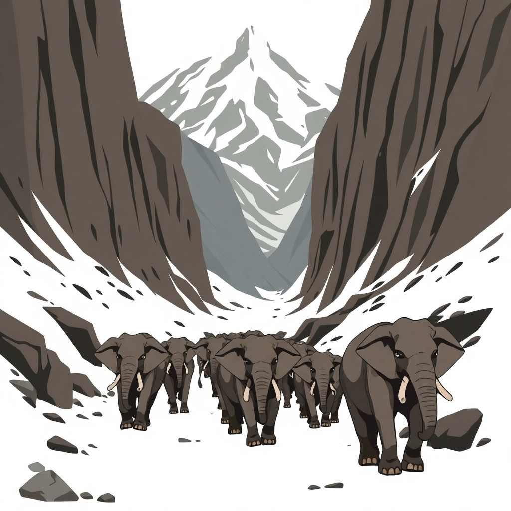 Flat vector illustration, simple line art, moody atmosphere. A line of war elephants marching through a narrow, rocky mountain pass. Snow-covered peaks in the background. Earthy color palette—muted browns, greys, and whites. White or light grey background.