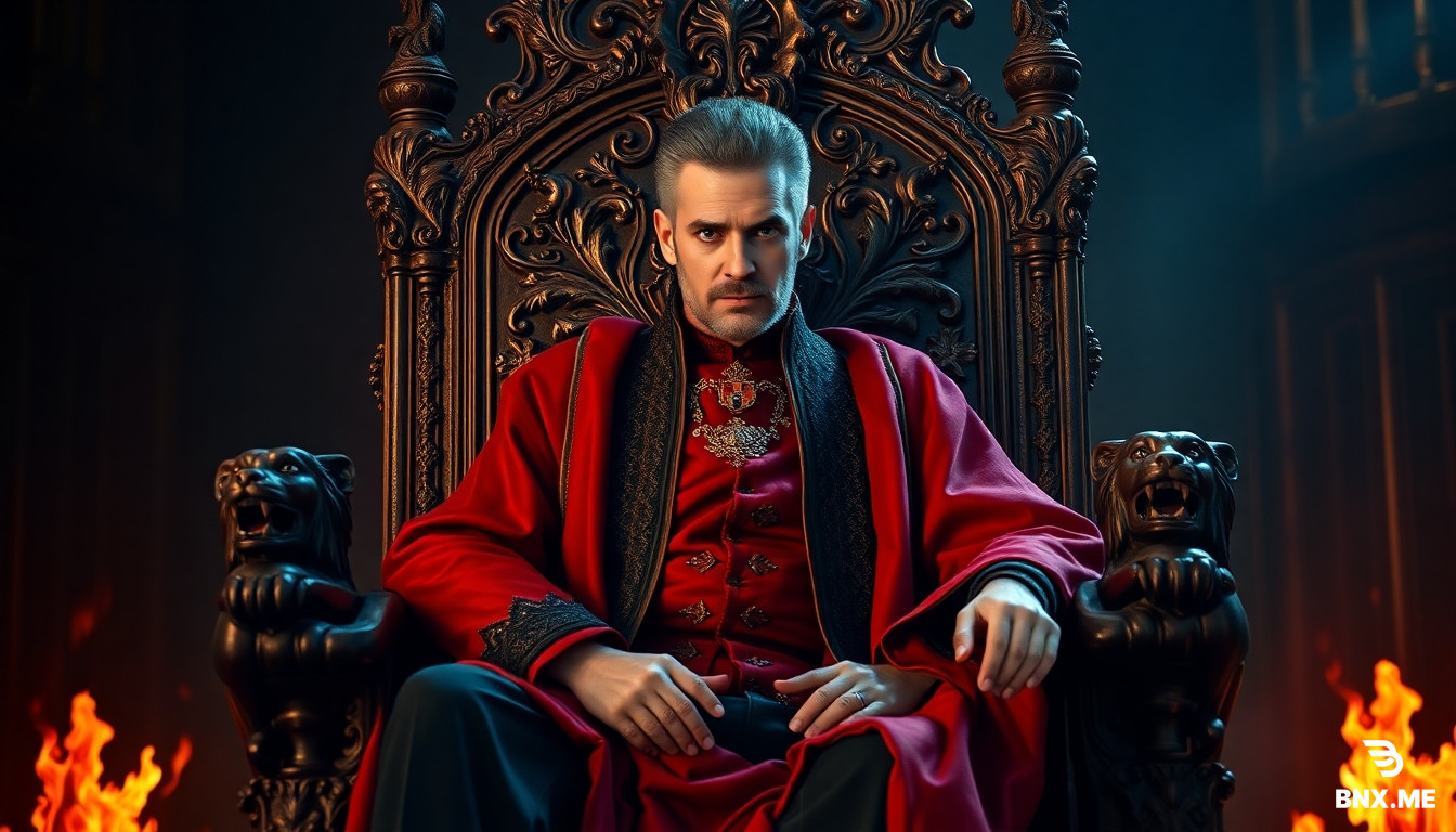Niccolò Machiavelli sitting on an ornate throne carved with lions and royal symbols. Red mystical flames glow beneath the throne. Intense expression, commanding presence. Renaissance luxury mixed with dark mystery. Hyper-realistic, epic cinematic poster.