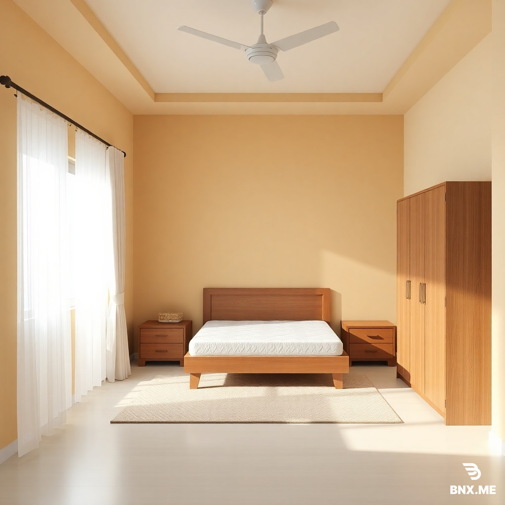 Create a realistic 3D Create a realistic 3D interior rendering of a bedroom in Bangladesh. The room has four walls. Three walls are painted in Sand Stone color (Berger Robbialac Acrylic Premium Emulsion, code 2T0603) – a soft, warm beige. The fourth wall, which is the wall behind the bed, is painted in Light Coffee color (Asian Paints code 0470) – a warm, medium brown.  Layout details: The bed is placed in one corner of the room, against the Light Coffee wall. Two windows are present – one on the left Sand Stone wall and one on the front Sand Stone wall. Both windows have light beige or off-white curtains (price 2,500 BDT type). On the floor, there is a soft rug/carpet (2,000 BDT).  Furniture and items (as per list): - Bed (corner placement, against Light Coffee wall) with a 6x5 ft mattress (7,500 BDT mattress visible) - Two bedside tables (3,000 BDT total), one on each side of the bed - A wooden wardrobe (92,000 BDT type) placed on the opposite side of the room - An ironing table with a small footstool (6,500 BDT) near the wardrobe - A full-length wall mirror (9,500 BDT) attached to one of the Sand Stone walls - A low-height TV cabinet (4,000 BDT) with a 33-inch matte TV (25,000 BDT) on it - Ceiling: one round or square LED ceiling panel light (2,000 BDT) + LED strip lights (9,800 BDT) along ceiling edges for indirect lighting - A high-speed ceiling fan (2,200 BDT) in the center of the ceiling - A wall shelf (9,000 BDT) with a few decorative items (books, small plant) - Three pieces of wall art / frames (9,000 BDT total) arranged on one of the Sand Stone walls  Colors & finishes: All furniture is in medium wood tone (like honey teak or walnut) or white – choose natural wood look. Bedding is light cream or white. The overall mood is warm, cozy, modern, and well-organized. Natural daylight from two windows, soft shadows. High resolution, photorealistic, 4K. rendering of a bedroom in Bangladesh. The room has four walls. Three walls are painted in Sand Stone color (Berger Robbialac Acrylic Premium Emulsion, code 2T0603) – a soft, warm beige. The fourth wall, which is the wall behind the bed, is painted in Light Coffee color (Asian Paints code 0470) – a warm, medium brown.  Layout details: The bed is placed in one corner of the room, against the Light Coffee wall. Two windows are present – one on the left Sand Stone wall and one on the front Sand Stone wall. Both windows have light beige or off-white curtains (price 2,500 BDT type). On the floor, there is a soft rug/carpet (2,000 BDT).  Furniture and items (as per list): - Bed (corner placement, against Light Coffee wall) with a 6x5 ft mattress (7,500 BDT mattress visible) - Two bedside tables (3,000 BDT total), one on each side of the bed - A wooden wardrobe (92,000 BDT type) placed on the opposite side of the room - An ironing table with a small footstool (6,500 BDT) near the wardrobe - A full-length wall mirror (9,500 BDT) attached to one of the Sand Stone walls - A low-height TV cabinet (4,000 BDT) with a 33-inch matte TV (25,000 BDT) on it - Ceiling: one round or square LED ceiling panel light (2,000 BDT) + LED strip lights (9,800 BDT) along ceiling edges for indirect lighting - A high-speed ceiling fan (2,200 BDT) in the center of the ceiling - A wall shelf (9,000 BDT) with a few decorative items (books, small plant) - Three pieces of wall art / frames (9,000 BDT total) arranged on one of the Sand Stone walls  Colors & finishes: All furniture is in medium wood tone (like honey teak or walnut) or white – choose natural wood look. Bedding is light cream or white. The overall mood is warm, cozy, modern, and well-organized. Natural daylight from two windows, soft shadows. High resolution, photorealistic, 4K.