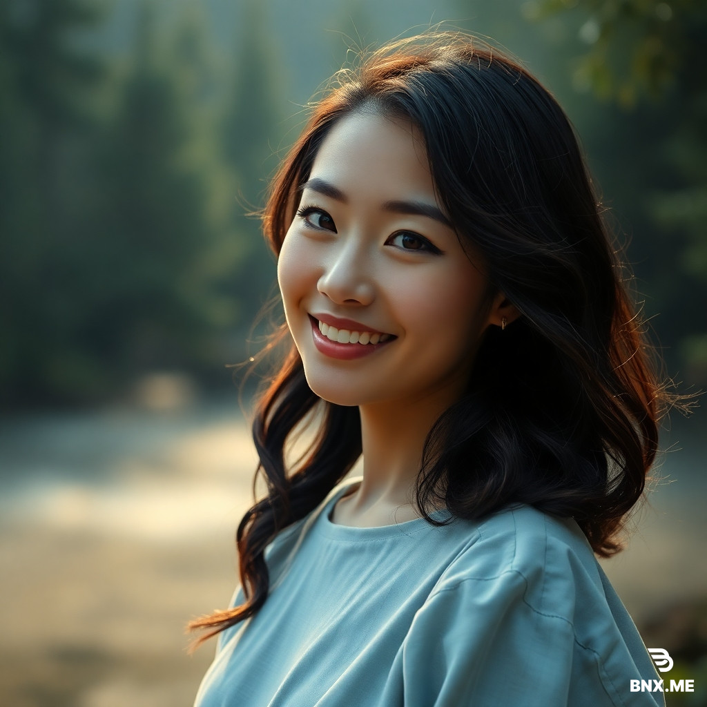 A cinematic, photorealistic portrait of a gentle yet independent East Asian woman in her late 20s, inspired by the "Gui Water" (soft mist/rain) and "Yin Wood" (forest/nature) elements. She has beautiful, clear, expressive eyes like quiet morning rain, a gentle and warm smile, and soft dark hair with natural waves. She is standing near a serene misty lake surrounded by deep green pine trees in the Malaysian highlands. Soft morning sunlight filters through the mist, creating a luminous, hydrating aura around her. She is wearing a simple, elegant light blue linen dress. Cinematic lighting, shallow depth of field, photorealistic, natural skin texture, 8k resolution, highly detailed. --ar 3:4 --style raw --v 6.0