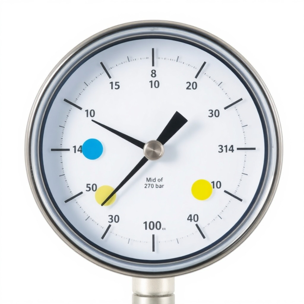 A realistic, high-resolution photo of an analog pressure gauge (0 to 100 bar, 270° dial) on a white calibration bench. The gauge face is clearly visible. Five colored circular markers or pointer stop positions are superimposed on the dial, precisely placed at:  Minimum = 0 bar (far left)  Mid-I = 25 bar (between Min and Mid-II)  Mid-II = 50 bar (exact center of scale)  Mid-III = 75 bar (between Mid-II and Max)  Maximum = 100 bar (far right) Each point is labeled with small text: “Min”, “Mid-I”, “Mid-II”, “Mid-III”, “Max”. Dashed radial lines from the center to each mark. Clean laboratory lighting, no shadows across the dial. Focus on clarity of intervals. White background. Technical illustration style but photorealistic.