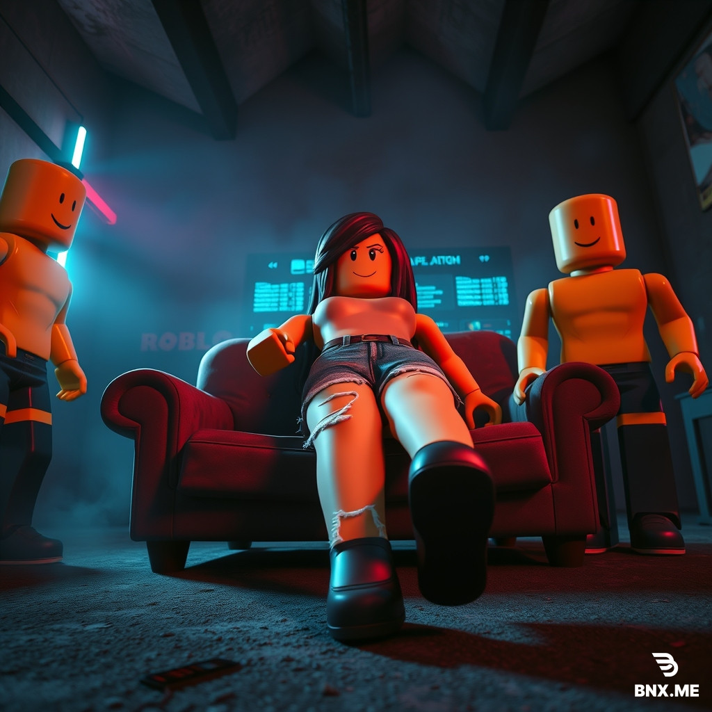 Cinematic wide shot, low angle, three Roblox-style characters in a dimly lit gritty gaming room. In the center, a girl Roblox avatar in ripped denim shorts lying on a worn-out sofa, shorts have visible tears on the back side, her blocky legs posed vulnerably but her expression defiant. On the left, a male Roblox character with classic "Noob" skin (bright yellow-orange torso, blue legs, green arms, default smile face) standing in front of her, leaning forward. On the right, an identical male Noob character standing behind her, also leaning in. Both Noobs have the classic Roblox smile face expressionless. Harsh dramatic neon lighting from the side, heavy blocky shadows, plastic toy-like photorealistic textures, Unreal Engine 5 with Roblox aesthetic hybrid, 8k, hyperdetailed, movie poster composition, moody cyberpunk atmosphere, volumetric fog, low-angle dramatic perspective, game-like HUD elements faintly in background.