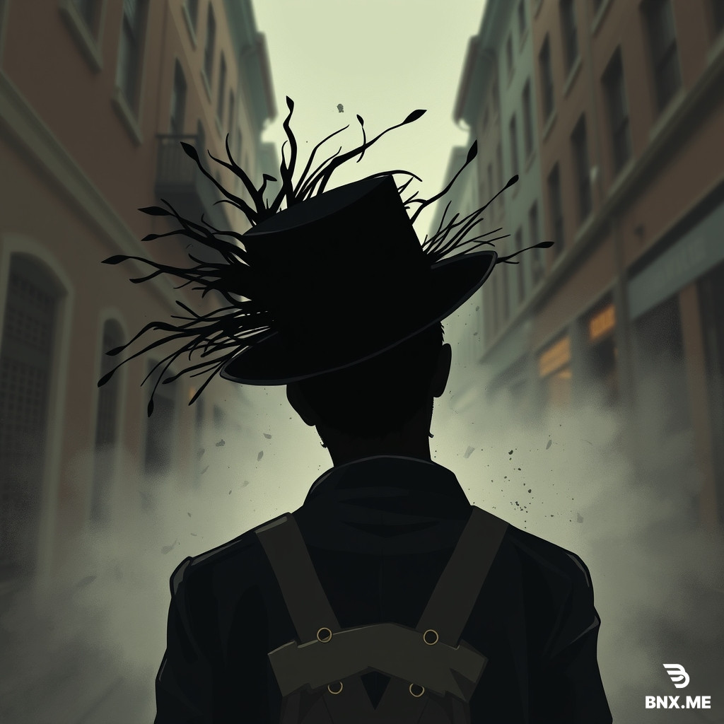 peut tu creer une image te basant sur le style de limage de reference et ce texte definiisant la scene: Un coup de vent lui frappe ensuite la figure et fait virevolter son chapeau en direction de la rivière qui longe la rue. Le chapeau se dirige vers la caméra et finit par rendre l’écran sombre comme si le chapeau était posé sur celle-ci.