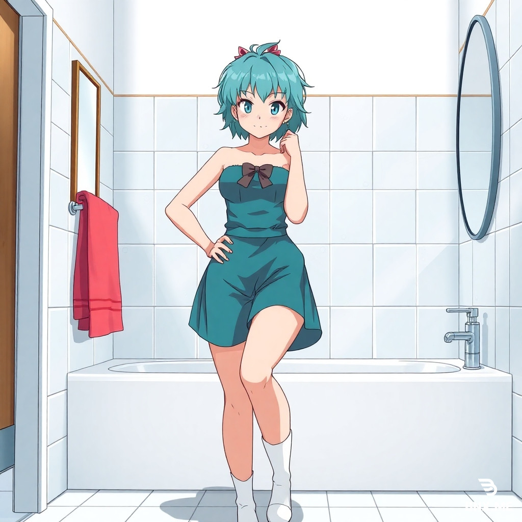 BULMA STILE ANIME DEFINIZIONE ALTA VESTITA IN COSTUME DA BAGNO CON SENO IN VISTA