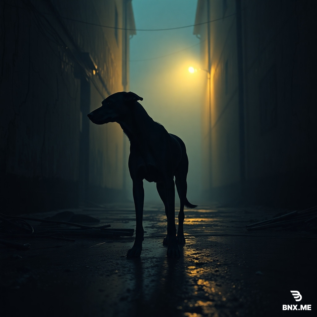 A solitary, emaciated black stray dog standing in the middle of a dark, ruined alleyway at dusk. The walls are cracked and peeling, covered in damp stains and dust. Thick, heavy fog (smog) hangs low in the air, glowing faintly with a sickly yellow hue from a distant, dying streetlamp. The ground is wet, muddy, and scattered with debris. The atmosphere is deeply melancholic, oppressive, and post-apocalyptic. The dog has a sharp silhouette, ribs slightly visible, looking into the distance with a hollow, weary gaze. Style: Cinematic, hyper-realistic, dramatic chiaroscuro lighting, dark ambient, moody, gritty textures, bleak color palette (deep grays, muddy browns, desaturated blues, and a hint of sickly yellow). --ar 2:3 --style raw --v 6