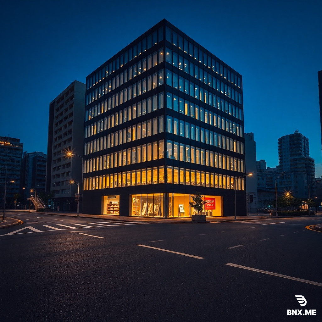 A professional architectural photograph taken at night, capturing a modern, geometric, corner office and residential building. The building features a multi-tiered, stepped facade with sharp, angled corners and a grid of well-lit glass windows, creating a distinct glowing crystal-like effect against the dark blue twilight sky. The ground floor retail space is warmly lit, showcasing visible shelving, a reception counter, and small display cases, possibly a boutique or a curated store. The building is flanked by older, darker, traditional Japanese multi-story buildings and apartment blocks, creating a contrast. In the foreground, a large, empty, dark asphalt road intersection with street markings stretches out. A few empty sidewalks with street lamps and small, manicured trees line the scene. The overall color palette is a deep indigo blue sky and dark asphalt, with warm white and golden light radiating from the modern building's windows. The perspective is a wide-angle shot looking up at the building from the across the street, creating a strong sense of presence and scale. The atmosphere is quiet and still. A tiny, subtle star logo is visible in the extreme bottom-right corner.