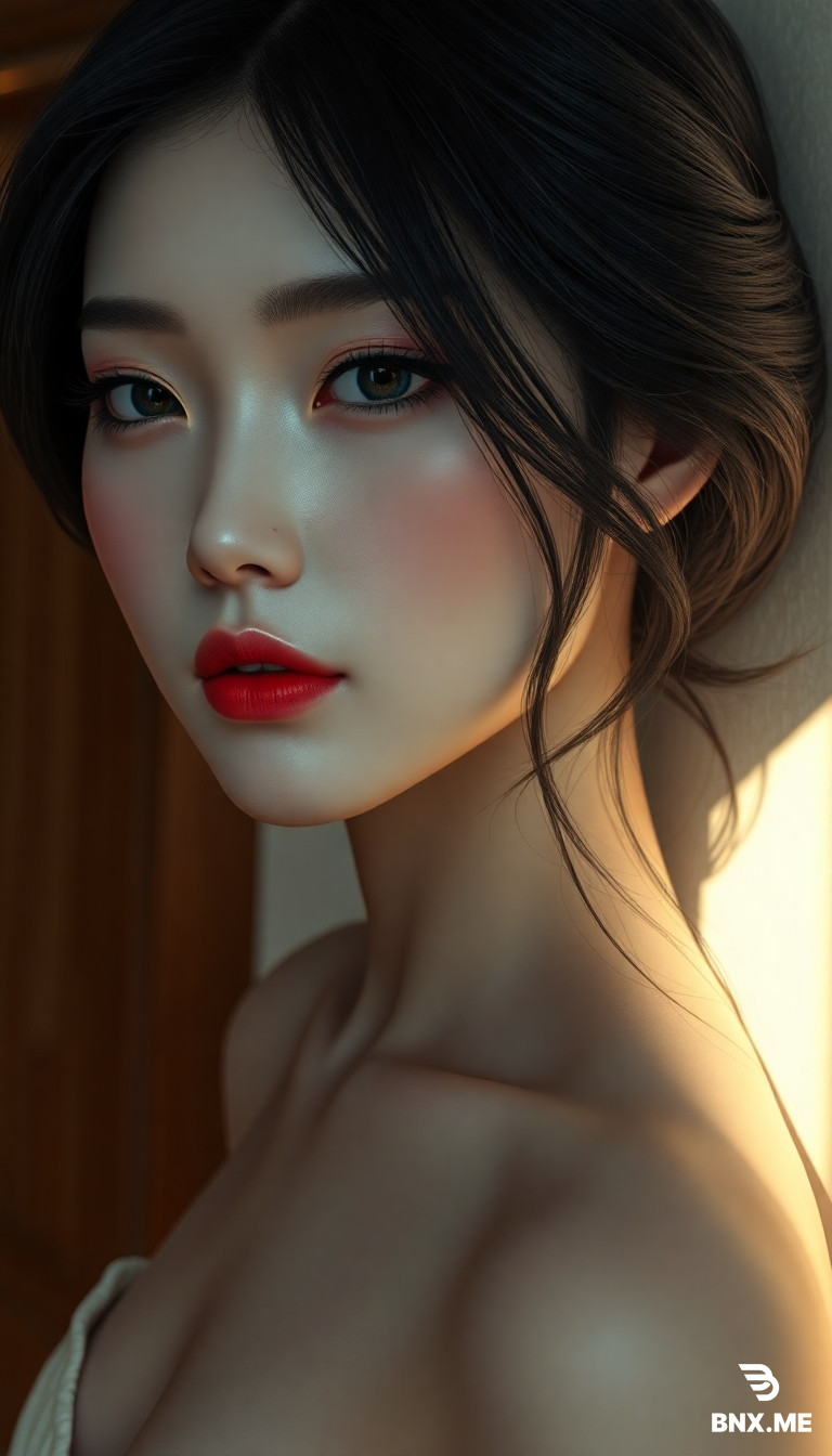 photorealistic, 8K, ultra-detailed, masterpiece, best quality, beautiful young Chinese woman, delicate facial features, cold white porcelain skin. Ultra-high-definition photorealistic rendering.Realistic skin texture with natural pores,soft warm indoor lighting,realistic shadow on wallDelicate oval face, sharp chin, long wavy black hair, side-swept bangs, cold white matte skin, smoky gray eye makeup, long thick eyelashes, alluring, retro red matte lipstick, thin arched eyebrows, seductive expression.extreme 9-heads body proportion, tall and slender figure, narrow waist, flat abdomen with visible abs, long straight slender legs, thin thighs and calves, delicate collarbone, slender neck, bony but elegant body shape, smooth and tight skin.