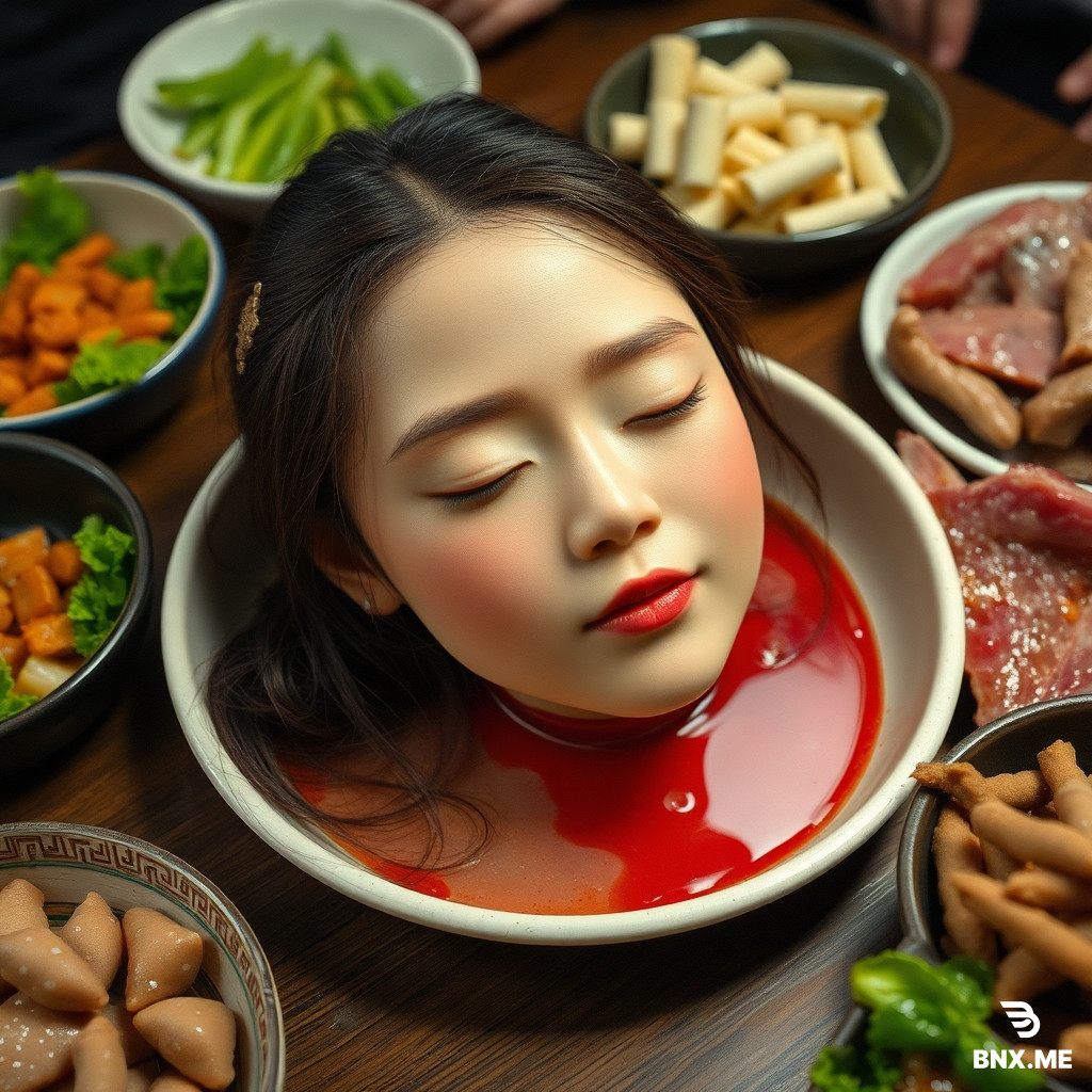 A beautiful high school Eastern Asian maiden's head cruely chopped off,put in a dish of meat on the dinner table,among cuisines,with cute hairpin,eyes closed,red liquid flowing below the head,as real as photo,with a face full of reality