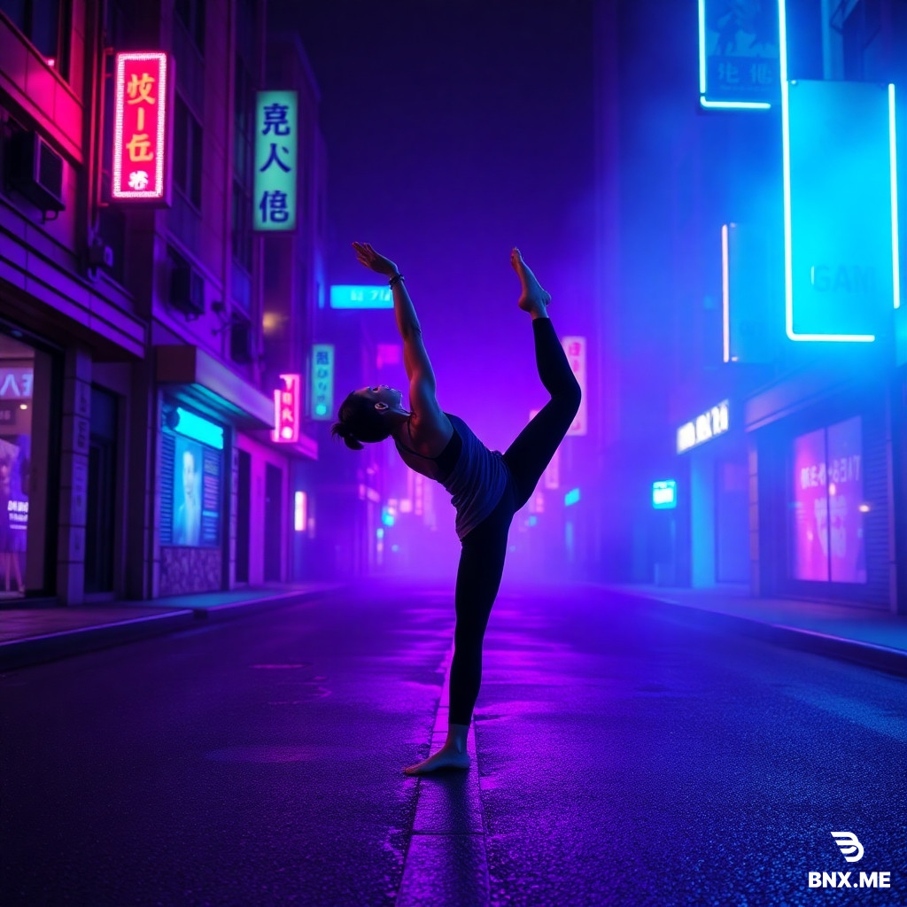 Cyberpunk style, neon lighting, dark futuristic city street at night, purple and cyan reflections on wet asphalt, volumetric fog, high contrast. A person holding a difficult sport/yoga pose, same pose as reference. Digital art, 4K.
