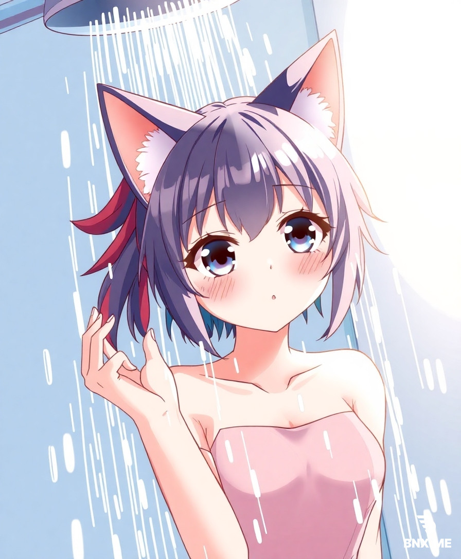 catgirl, showering