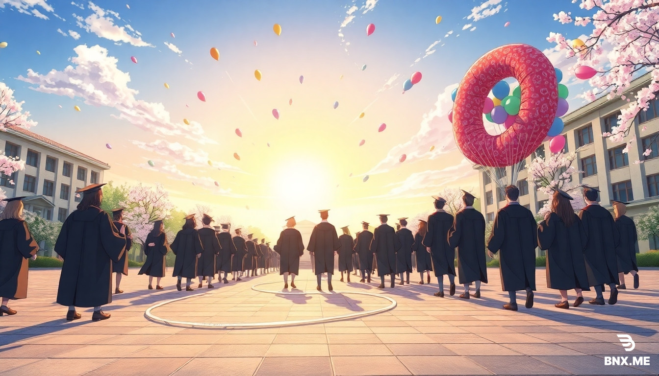 anime cinematic illustration, Makoto Shinkai style, university graduation ceremony on campus square, graduates wearing black academic gowns that look like flowing capes shaped like letter A, S-shaped winding path on the ground, colorful balloons floating in sky like letter Q, bright spring day, cherry blossoms, hopeful yet uncertain atmosphere, widescreen 16:9 composition