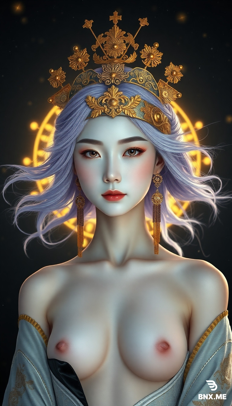 full body,Ultra high definition realistic, 8K, extremely detailed, masterpiece, highest quality, beautiful young Chinese women, delicate facial features, ice white porcelain white skin, fine skin texture, and sweat can be seen clearly.  flowing lavender hair adorned with an ornate golden crown and matching blindfold. She wears an intricate, gold-trimmed white garment that reveals her shoulders. The background is a dark, starry expanse with glowing, circular, golden light patterns radiating from behind her head. Her pale, porcelain skin contrasts with the dark background and golden accents. The image has a soft, almost glowing texture, with delicate, fine details in her hair and clothing. The style is highly detailed and realistic. The naked body is exposed, with obvious collarbones, huge breasts, pink nipples, and an open black silk on the lower body.