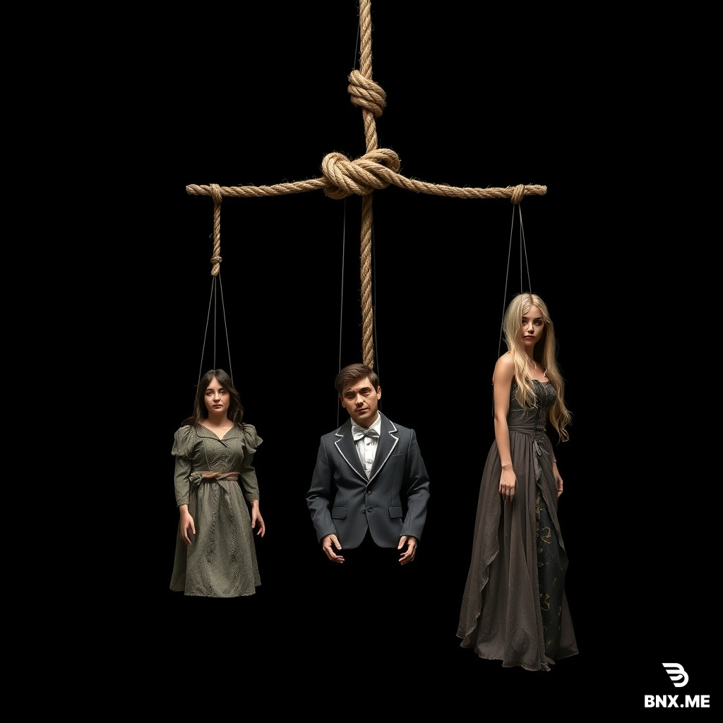 A professional theatrical poster design in vertical portrait format with a 2:3 aspect ratio. The background is completely pure black, creating a dark, minimalist, and haunting atmosphere.  At the top of the frame, three separate thick coarse ropes descend vertically. At a single point (the apex), all three ropes converge and are tied together with one prominent overhand knot (a granny knot). From this knot, the three ropes continue downward separately, exactly equal in length, and arranged in a straight horizontal row, parallel to each other, with equal spacing between them.  Each of these three ropes is wrapped tightly around the neck of a life-sized marionette puppet, strangling them: - Left rope: wrapped around the neck of a female puppet with long dark hair, wearing a tattered vintage dress. - Center rope: wrapped around the neck of a male puppet with short disheveled hair, wearing a worn-out formal suit. - Right rope: wrapped around the neck of a female puppet with long flowing light hair, wearing a torn theatrical gown.  The ropes are pulled tight around their throats, visibly compressing their necks. The puppets are completely limp, lifeless, and motionless. Their bodies hang straight down with no tension. Their heads are tilted slightly forward, arms dangling loosely at their sides, feet pointing downward. Their faces are expressionless, with half-closed or empty eyes, creating a sense of stillness and finality.  The overall mood is dark, tragic, eerie, and deeply theatrical. It evokes a sense of melancholy, loss, and surreal drama. It is NOT meant to be gory, bloody, or horror-like—it is poetic, symbolic, and emotionally heavy.  A dramatic single spotlight shines from directly above, casting a focused beam of light that illuminates only the three ropes, the central granny knot at the apex, and the three strangled puppets. The rest of the composition remains in deep, impenetrable shadow, creating a high-contrast chiaroscuro effect.  The visual style is cinematic, photorealistic, and highly detailed. The texture of the ropes, the folds of the puppets' clothing, the shadows on their faces, and the subtle dust particles in the light beam are all rendered with 8k precision. The poster is designed to evoke a theatrical, symbolic, and emotionally resonant mood.