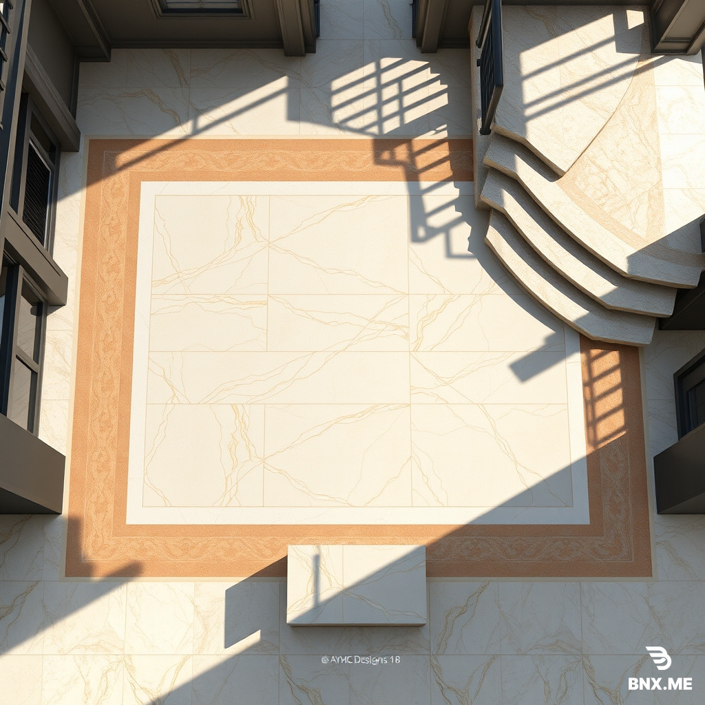 Strictly follow the provided design. Do not overlook any part of the design. Do not change the floor design. Your only role is precise coloring and adding realism. Keep the entrance design especially exactly as it is in the design without any modification. Output at the highest possible quality: maximum resolution, ultra high definition, 8K, sharp details, high fidelity, professional architectural visualization. Photorealistic high-angle top-down architectural 3D render of a small villa floor. Central field in Botticino Classic light cream marble. Border and edging in light honey Emprador. Plain borders mixed between both colors. Entrance feature made from the same materials, adding beauty and definition. Ascending staircase with steps made from the same light Emprador used in the floor, showing realistic shadows and highlights on the steps. Dark gray exterior walls casting shadows onto the floor, giving a high-angle top-view look. Subtle reflections on polished marble flooring for realism. Balconies in Botticino. Luxury classic design, realistic lighting, high detail, no people, no furniture. Bottom center small readable signature text: AYMC Designs 01111553318.