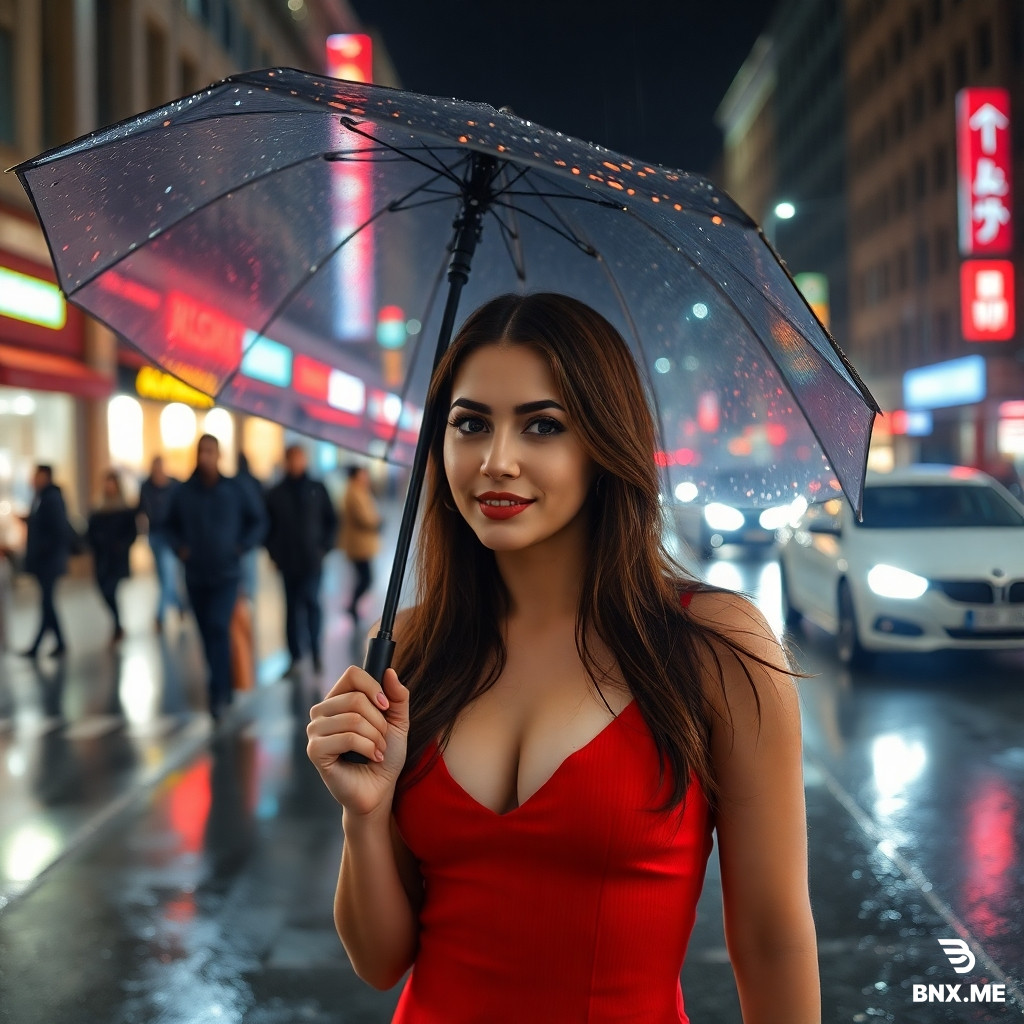 A real picture of a beautiful Iranian woman with a beautiful body and a beautiful face, taken on Azadi Street in Tehran, at night, in the rain, standing with an umbrella in her hand, behind her are people shopping, and cars are also standing on the street at a red light, harsh light, high quality, camera overview of all parts of the photo.