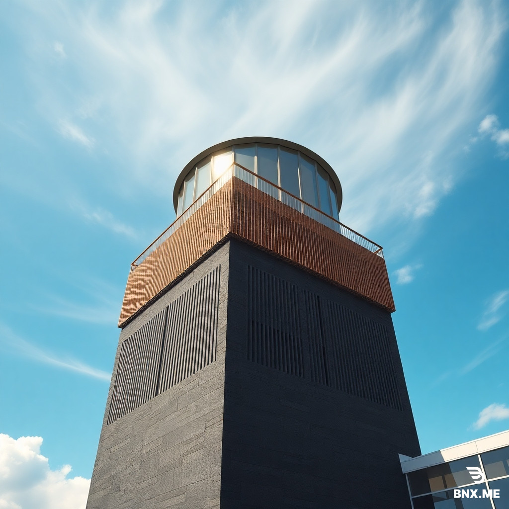 Hyper-realistic architectural close-up exterior view of the air traffic control tower of a new airport in Aleppo, Syria. Side angle, low-to-high perspective.  The tower is designed as a contemporary reinterpretation of a historic Aleppo minaret: a solid square base clad in rough black basalt stone, transitioning into an octagonal middle section with narrow vertical slit windows, and ending in a fully glazed circular lantern room at the top, wrapped in a fine brass-colored metal mesh for sun shading.  At the transition point between the square base and the octagon, there is a small cantilevered balcony with a stone balustrade. The tower stands alone next to the main terminal, connected by a glass bridge. The sky is clear blue with soft white clouds, sharp sunlight casting crisp edges. Architectural detail shot, 8k, photorealistic, competition board quality.--ar 3:2