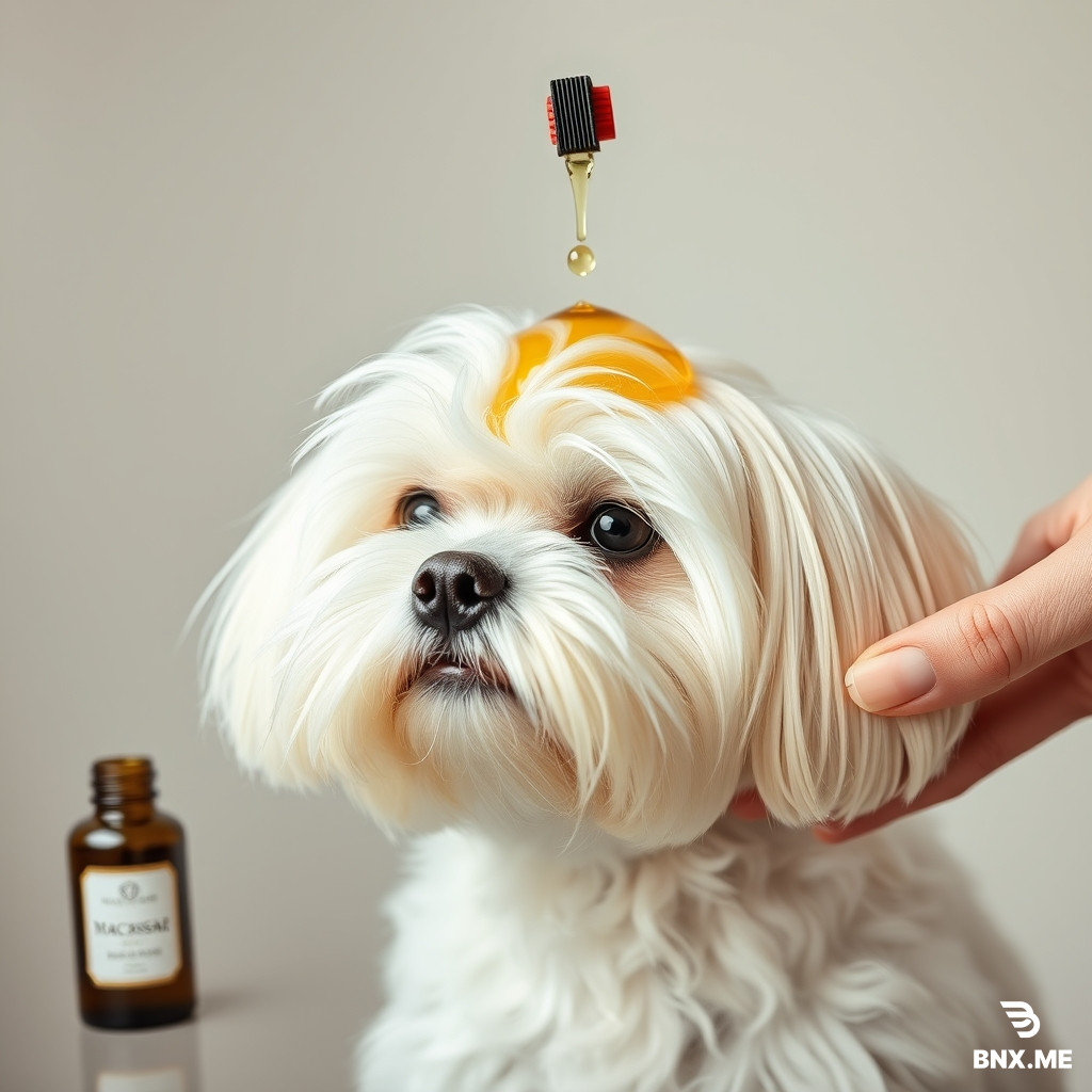 a maltese dog, looking ruffled, with a bottle pouring a few drops of macassar oil over its head, not showing anyhand or part thereof holding the botle and only one bottle