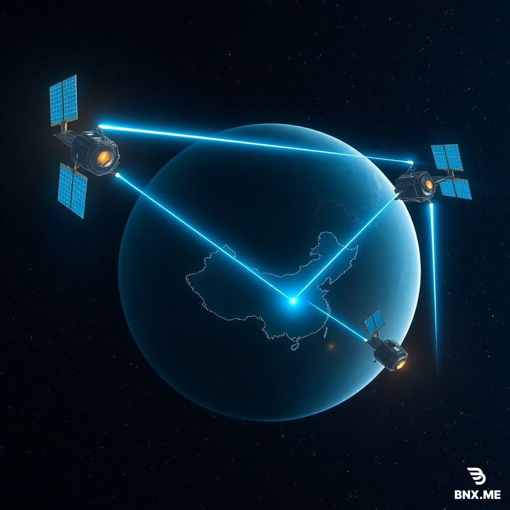 Deep space, Earth visible in the background. Three BeiDou satellites arranged in a triangular formation, each connected by glowing neon blue data beams forming a mesh network. One satellite near the Earth is sending a concentrated beam of data down directly onto the map of China (mainland outline visible). No ground stations elsewhere on Earth. The satellites have solar panels and small antenna dishes. Starfield background, dark navy blue tones with cyan and gold accents. Futuristic scientific illustration, ultra detailed, 4K, wide angle.