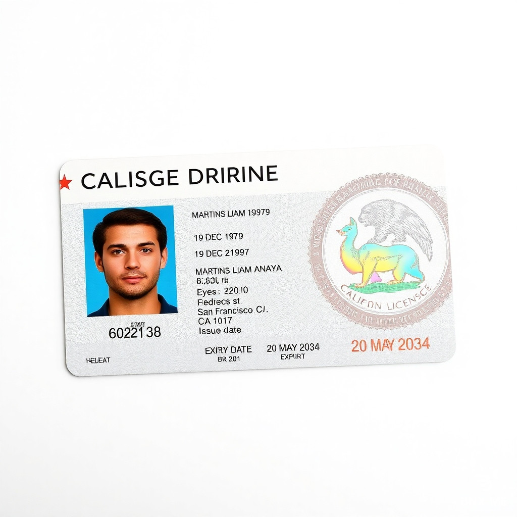 Create an Ultra-realistic 16:9 close-up scan of a California driver's license placed on a clean light grey/white background. The card is horizontally aligned, centered in frame, captured in sharp focus with studio lighting.  Design features a modern government-issued ID layout with English text. Top-left includes the California state flag with bear emblem. Header text reads “CALIFORNIA DRIVER LICENSE”.  The card includes a passport-style portrait of a man: brown hair, neutral expression, direct gaze, warm skin tone.  Personal details section includes: – Name: MARTINS LIAM ANAYA – Date of birth: 19 DEC 1979 – Height: 6.20 ft – Weight: 238.10 lb – Eyes: brown – Hair: brown – Address: Frederick St, San Francisco, CA 94117 – Issue date: 20 MAY 2024 – Expiry date: 20 MAY 2034  Background design includes intricate guilloche patterns, microprinting, and soft gradients. A large holographic state seal occupies the right side with iridescent rainbow reflections.  Additional elements: – Government of California emblem in top-right – Embedded hologram square with security seal – Fine-line engraving patterns across the surface – Signature at bottom right (“MARTINS LIAM ANAYA”)  Lighting is soft and even, highlighting laminated plastic texture, subtle reflections, and security overlays. No hand visible. Clean, minimal, professional composition. Photorealistic, high detail, 8K quality.