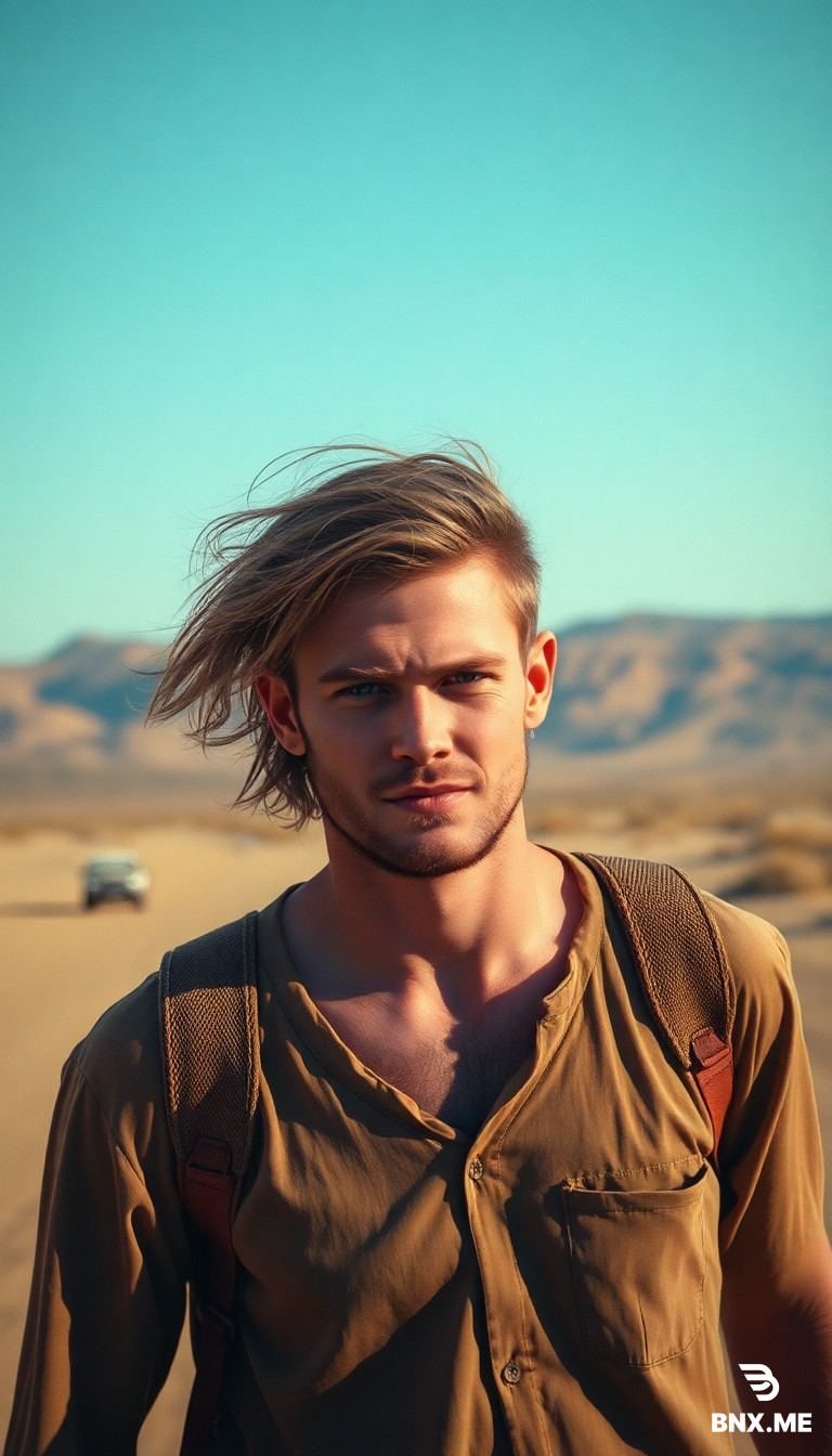 A young man is walking through the desert. He looks bad: his face is chapped from the sun and wind.