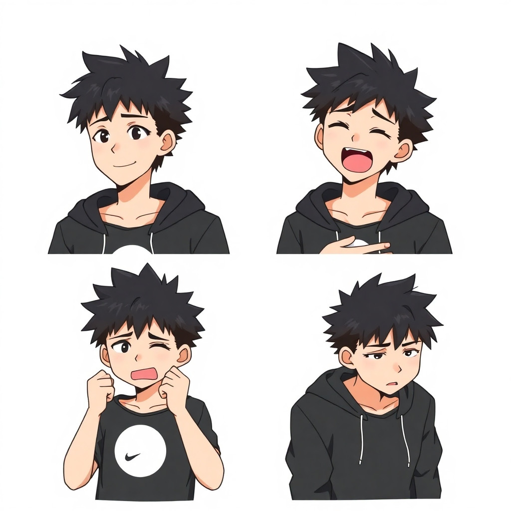 Anime style, moderate, not exaggerated. A 20-year-old young man with a short hedgehog haircut (dark spikey hair). Wearing a black hoodie with a simple white print (e.g. a moon or geometric shape). White background.  The image is divided into 4 equal parts by thin black lines (2x2 grid). Same character from chest up in each part, but different emotions and hand poses:  Top left: calm expression with a gentle smile, relaxed eyes, arms crossed on chest. Top right: laughing hard (wide open mouth, squinted eyes), one hand on stomach, other hand raised in a "stop" gesture. Bottom left: angry (furrowed brows, tight lips), clenched fists raised in front of chest. Bottom right: upset (downturned mouth, sad eyes), arms hanging loosely, shoulders slightly slouched.  Clean lineart, flat cell shading, plain white background, no shadows, no text. 4-in-1 composite image.