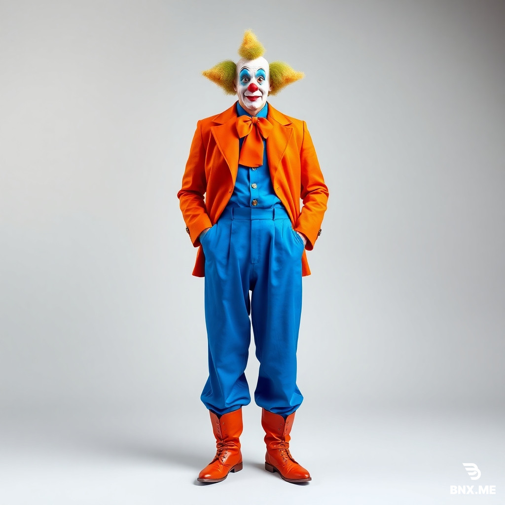 A full-body portrait of a person wearing a whimsical clown costume. The costume consists of: baggy blue jodhpur pants that are wide at the hips and tight at the calves, a blue dress shirt, a bright orange necktie, an orange jacket with extremely wide and exaggerated shoulder pads, and orange Cossack-style leather boots with pointed toes. The person is standing in a confident pose against a simple studio background. Vibrant circus colors, soft diffused lighting, high detail on fabric textures. Realistic digital art style, 8k resolution.