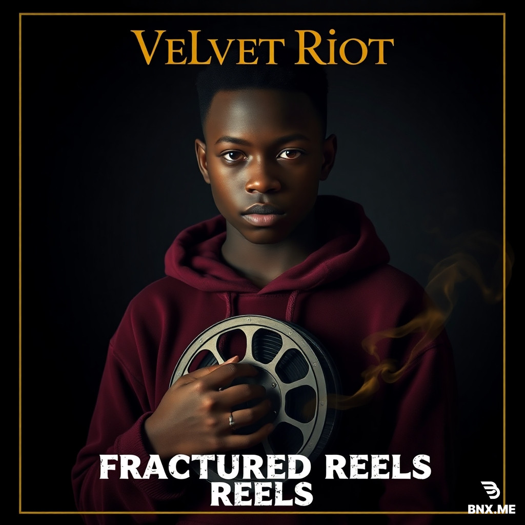 "Cinematic poster. A striking black teenager with dark skin, intense eyes, dramatic shadow on face, wearing a velvet burgundy hoodie. Standing in dim room with gold rim light. Holding a vintage film reel. Deep charcoal background. Gold smoke swirls. Moody, aesthetic, emotional. Text 'VELVET RIOT' in elegant gold serif font at top. Text 'FRACTURED REELS' in rough white grunge font underneath. 16:9 ratio. High detail, cinematic lighting, film grain."