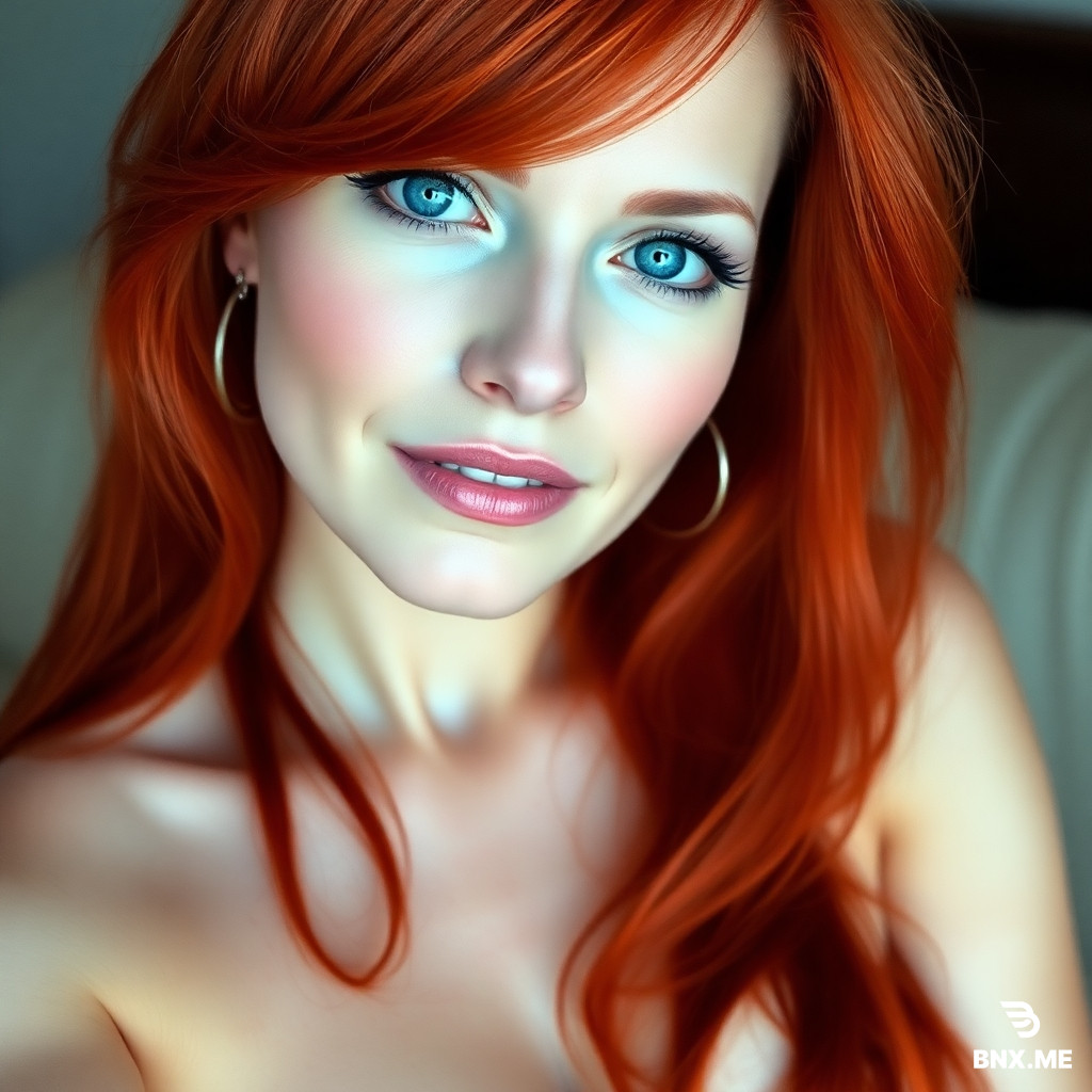 41 year old woman with long red hair blue eyes and large bust