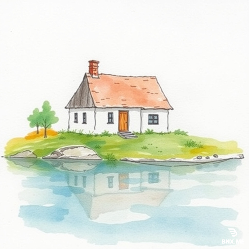watercolor painting of a small house near the lake, painted on rough watercolor paper texture, soft color bleed, transparent colors, wet-on-wet technique, gentle imperfect edges, pastel soft palette, minimal details, layered translucent washes, organic hand-painted strokes, soft natural lighting, artistic traditional watercolor style