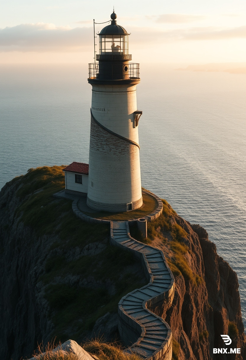 An old lighthouse on a high cliff by the ocean, photorealistic style, highly detailed