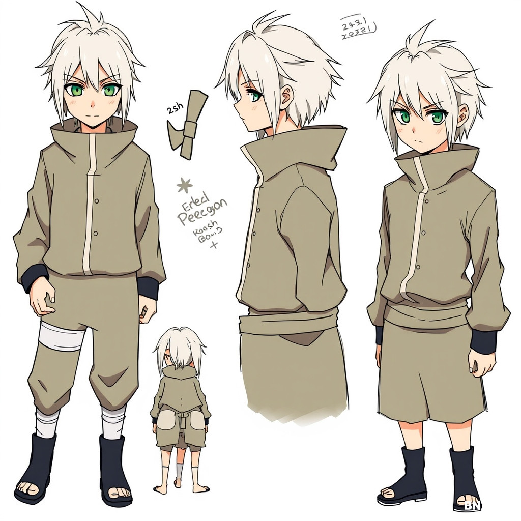 Character reference sheet, Perceval Penigon, 13-year-old shinobi, ash-blonde hair neck length, dark green eyes, sharp and curious expression, multiple poses, front view and side profile, wearing Konoha genin outfit, Naruto manga style, Kishimoto inspired, clean white background, sketchy lineart,