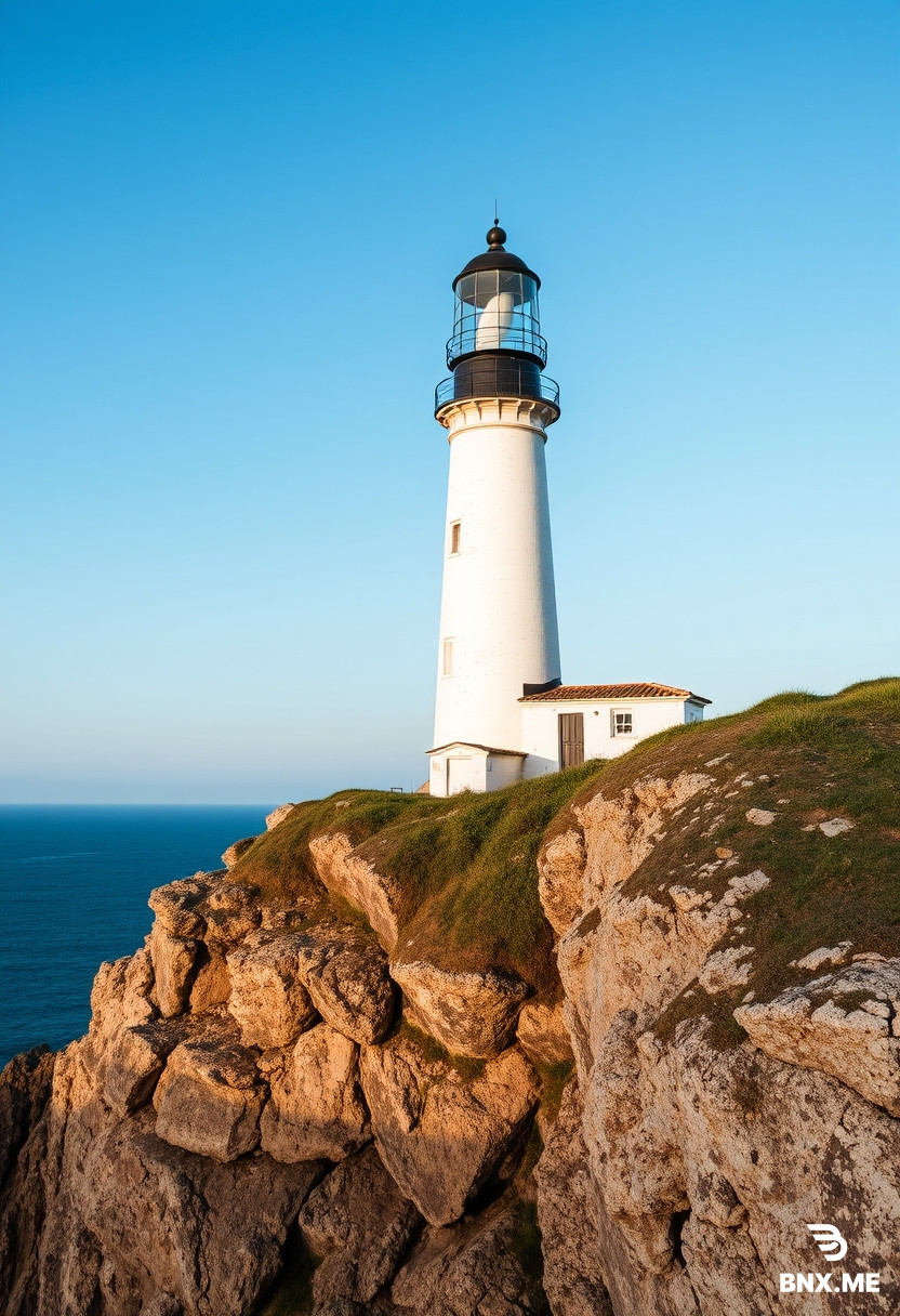 An old lighthouse on a high cliff by the ocean, daytime, standard lighting