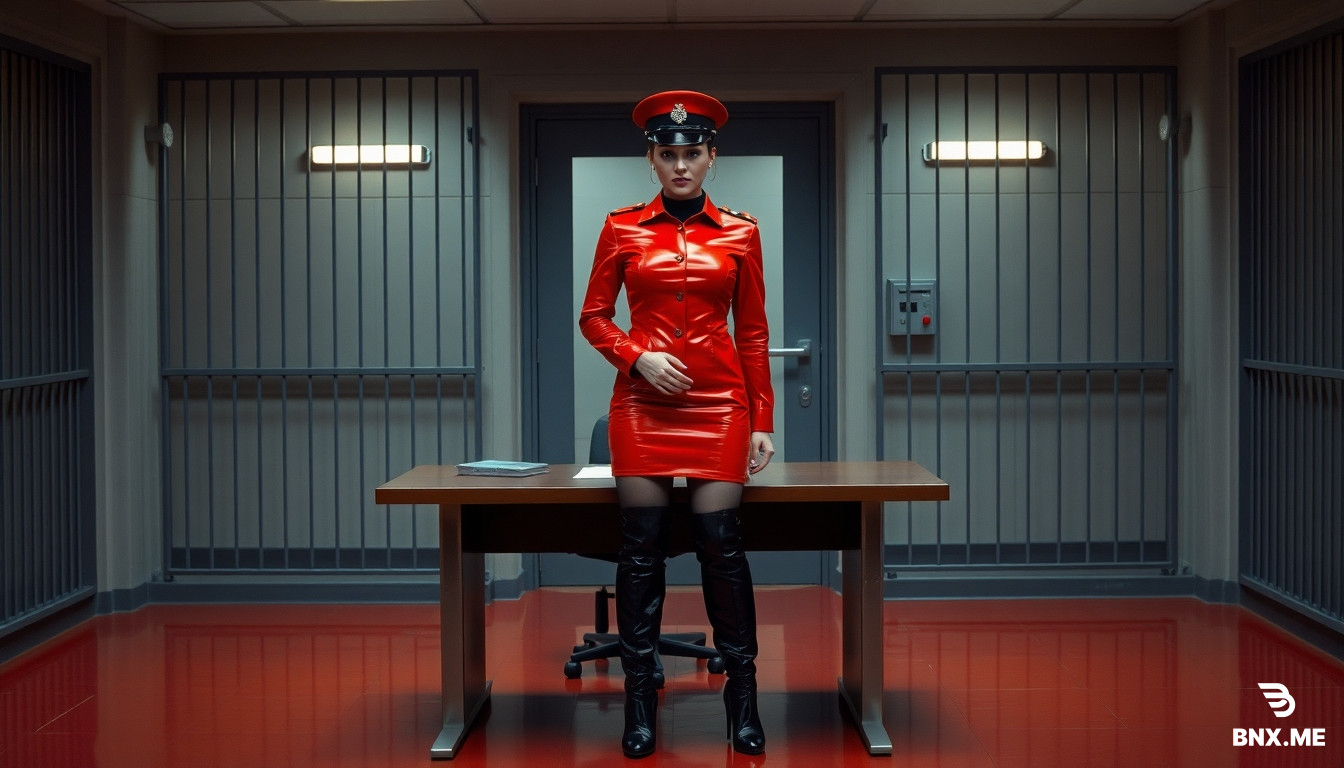 bild in prison büro, In backround is a bared zelldoor. A desk ist in the middle of the room. a policewoman dresses in a glossy red latexuniform and black overkneeboots stand at the desk  On the tabel ist a orange latexdress and black patent overkneeboots. in the backgroung in the cellbloch are many bared cell visible