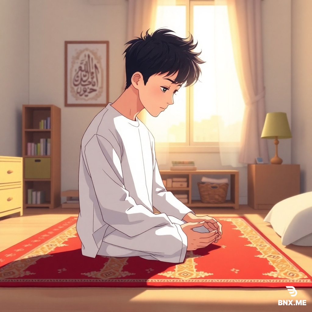Anime style, adult Muslim boy with a stylish Korean haircut (two-block cut with slightly wispy bangs), wearing a clean white thobe or loose shirt and pants. He is sitting on a colorful prayer mat in his cozy bedroom, in a praying position (sajdah) with his forehead touching the mat, hands placed flat. Soft golden sunlight streams through a window beside him. On the wall, there is Arabic calligraphy art. A small bookshelf and a lamp on a bedside table. Warm, peaceful atmosphere, gentle shadows, high quality, anime art style, clean lines, soft colors."