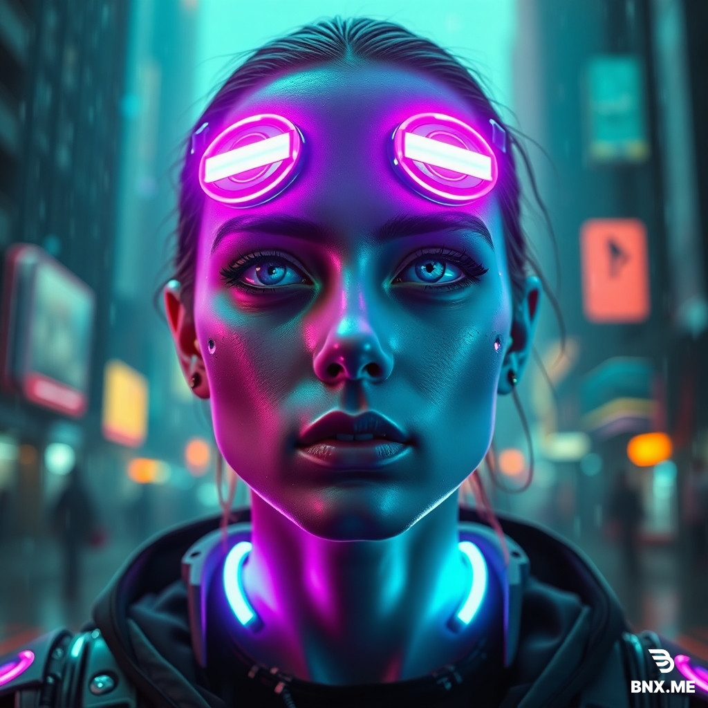 Cyberpunk portrait of a human with cybernetic implants, glowing LED eyes, neon purple and cyan reflections on the face, futuristic tech-wear outfit, rainy neon city in the background, holographic particles, cinematic lighting, ultra-detailed, 8k, dystopian atmosphere.