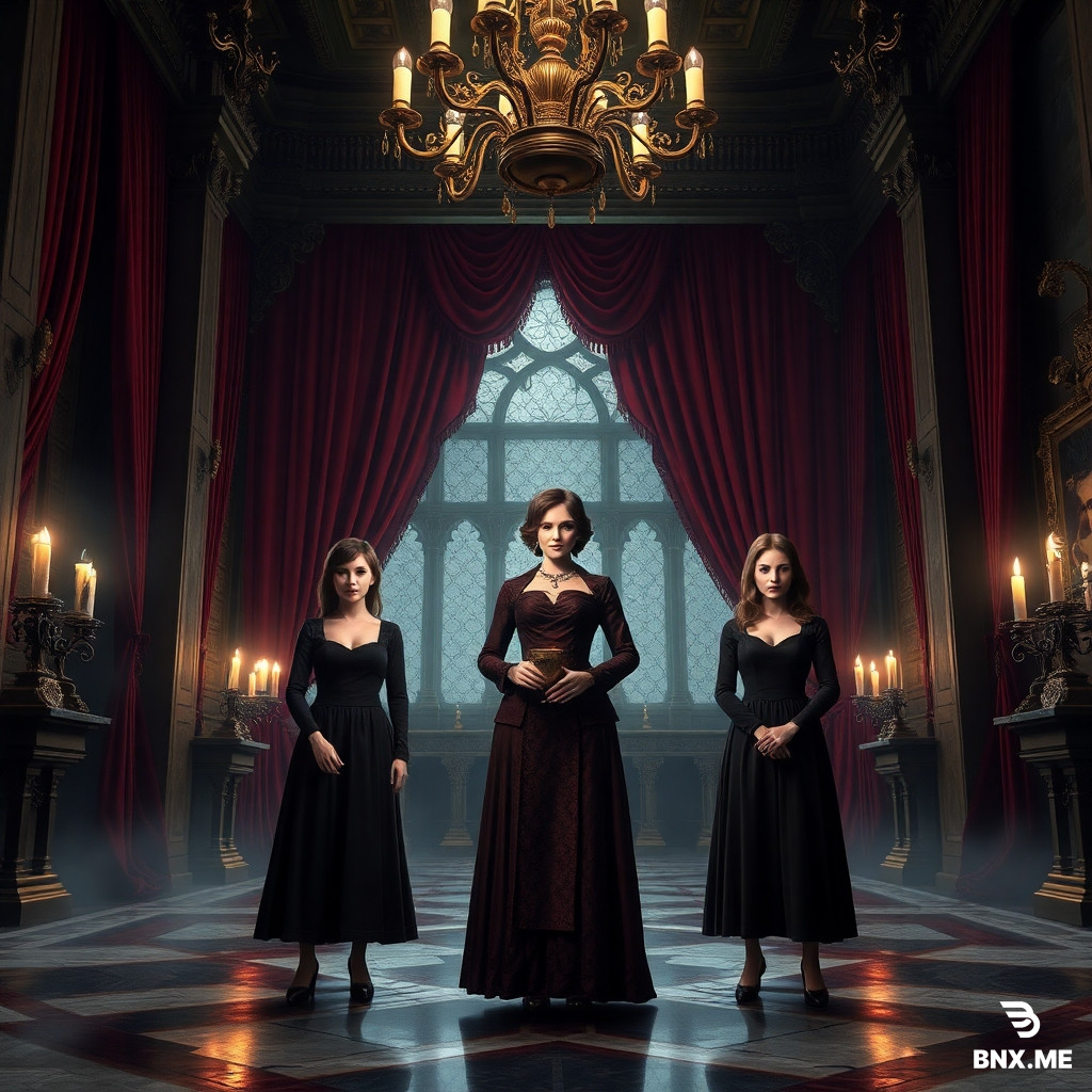 Use the uploaded image as t Preserve the original composition, camera angle, poses, and character placement while transforming the scene into an authentic Resident Evil Village atmosphere.  Replace the characters with the official in-game appearances of Lady Dimitrescu and her three daughters: Bela Dimitrescu, Cassandra Dimitrescu, and Daniela Dimitrescu. Their faces, hairstyles, makeup, expressions, clothing, proportions, and details should closely match their original Resident Evil Village designs.  Lady Dimitrescu stands confidently in the center, tall and dominant, holding her elegant cigarette holder and a golden wine goblet. The three daughters stand around her in intimidating symmetrical poses. All four characters must remain standing.  Set the scene inside Castle Dimitrescu's grand hall with towering Gothic architecture, luxurious crimson velvet curtains, massive chandeliers, antique paintings, gold decorations, marble floors, tall arched windows, candlelight, and thick atmospheric fog.  Make the atmosphere significantly darker and more terrifying while preserving the elegant gothic style.  Add horror elements:  Deep shadows covering most of the room.  Cold blue moonlight entering through the windows.  Warm flickering candlelight creating dramatic contrast.  Thick volumetric fog across the floor.  Countless black insects surrounding the daughters.  Swarms of flies emerging from beneath their dresses.  Floating dust particles.  Torn curtains moving slightly.  Cracked walls.  Broken mirrors.  Blood stains on the marble floor.  Fresh claw marks on pillars.  Dark dried blood trails.  Broken wine glasses scattered around.  Long unnatural shadows.  Faint supernatural aura around the daughters.  Subtle mist surrounding Lady Dimitrescu.  Sinister glowing eyes.  Pale vampire skin.  Predatory expressions.  Elegant but terrifying smiles.   Lady Dimitrescu should appear regal, elegant, dominant, intimidating, and terrifying.  The daughters should look supernatural, graceful, predatory, and haunting, exactly like their Resident Evil Village versions.  The image should feel like an official AAA promotional artwork from Resident Evil Village, not cosplay, not fan art.  Vertical smartphone wallpaper (9:16).  Ultra photorealistic. Extremely detailed. 8K resolution. Cinematic lighting. HDR. Ray tracing. Unreal Engine 5 quality. Dark fantasy. Gothic horror masterpiece. Volumetric lighting. Film quality. Sharp focus. Hyper realistic skin. Highly detailed fabrics. Official promotional art quality.
