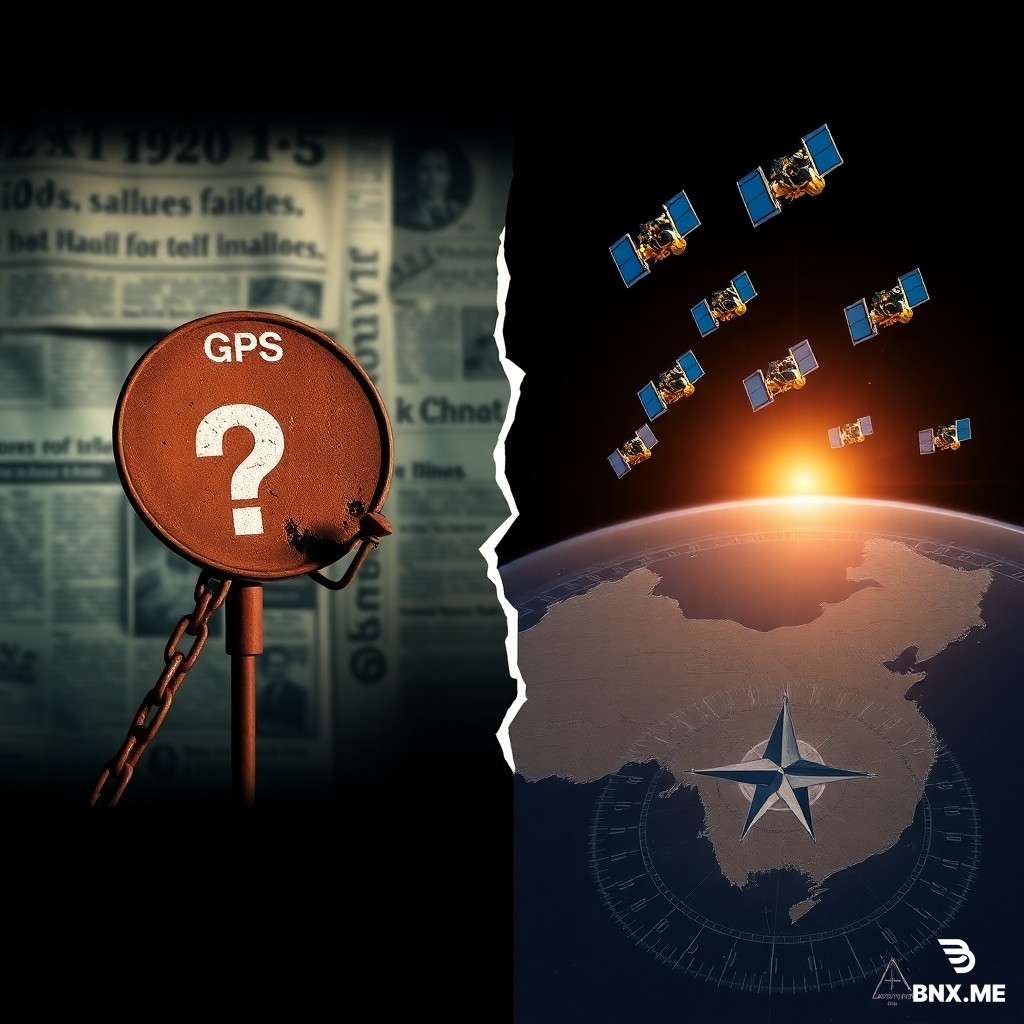 A symbolic two-part image, left side darker. Left: a rusty chain linking a broken GPS satellite dish to a question mark, background shows blurred newspaper headlines from the 1990s about navigation failures. Right side: bright and rising, multiple BeiDou satellites in gold and blue orbits over a map of China, a glowing compass pointing true north. In the middle, the chain cracks and dissolves into light. Dramatic lighting, cinematic wide shot, photorealistic style with slight metaphor. 4k.