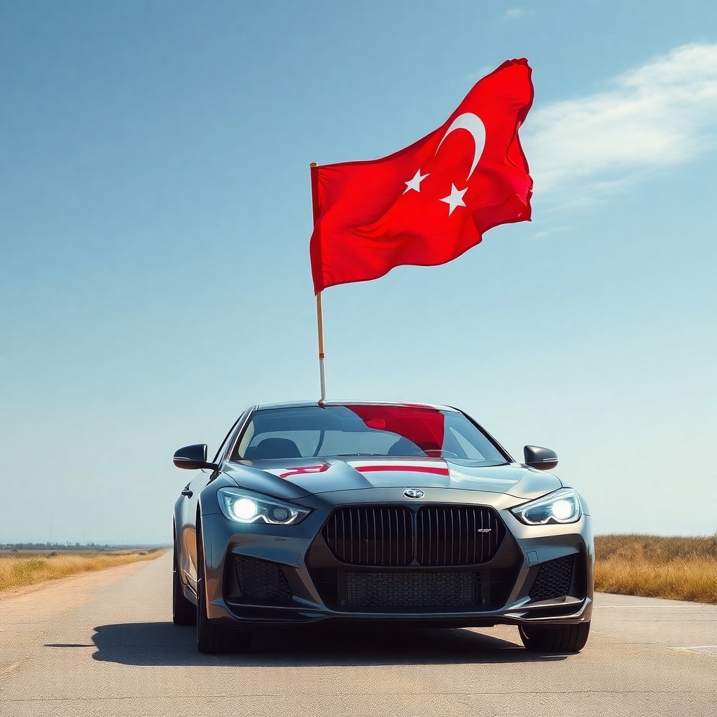 big car with red flag