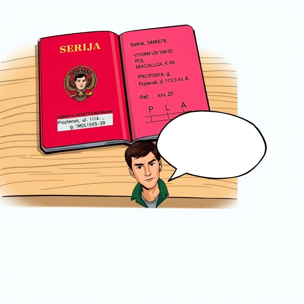 Colorful european comic book style, ligne claire, clear black ink outlines, flat colors. Close-up of an open red Russian passport on a wooden table. Inside: photo of young man, text "SERIJA 1112 No 345678", "VYDAN UMVD PO ZADNEPROVSKOMU RAJONU g. SMOLENSKA", "PROPISKA: g. Smolensk, ul. Popova, d.113 G, kv.20". Next to passport: small color portrait of young man (Petrov, dark green jacket, short dark hair, serious expression). One empty white speech bubble with black outline, completely empty. Background light blue.