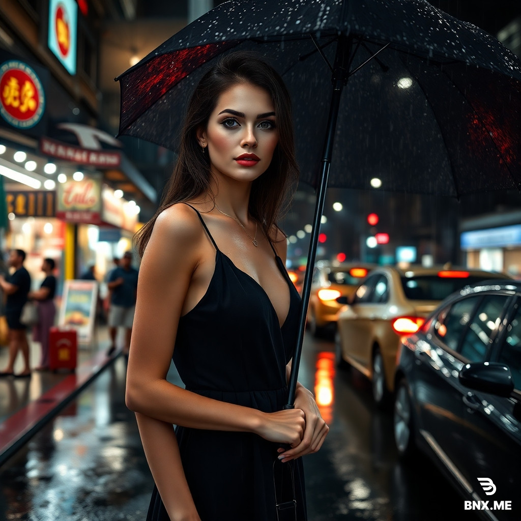 Create a hyper-realistic image, 4K quality, of a beautiful and slender woman on the street, night, rainy weather, people shopping in the market, cars waiting at a red light, rain is also visible on the woman's clothes and the street, artificial light, the woman is wearing a black dress, she is also holding an umbrella, the camera angle is a general view so that all the details of the image are visible, natural skin texture, realistic style