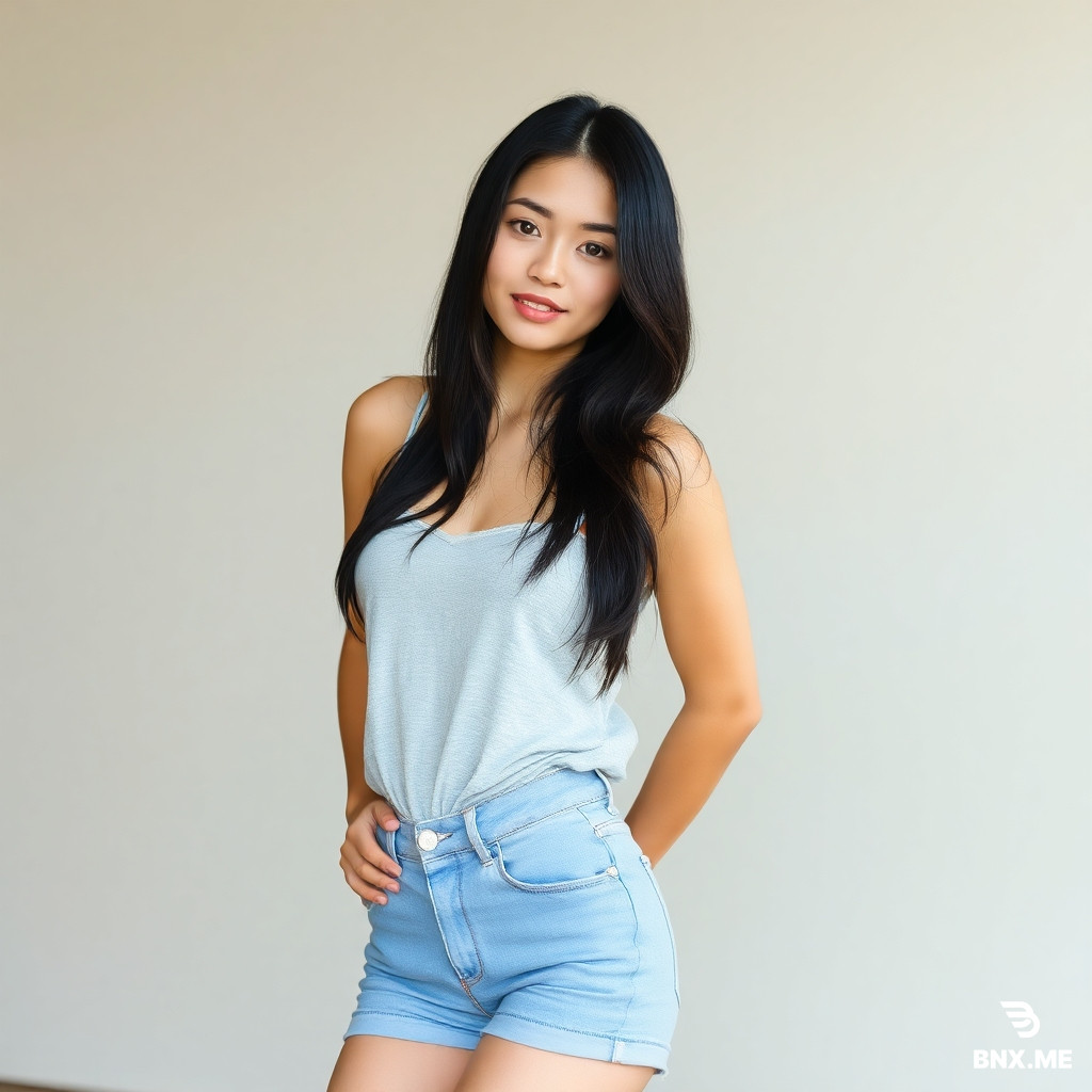a young woman with her hands on her hips with black hair