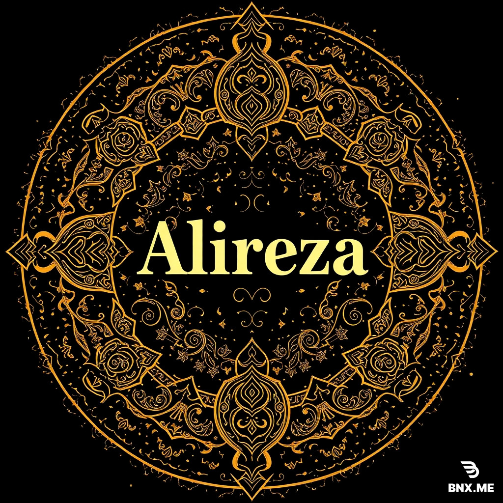 "An extremely chaotic, overcrowded, highly detailed, and richly ornate circular profile picture design for the name 'Alireza' in bold modern English typography at the exact center, LARGER THAN BEFORE, surrounded by an explosion of intricate golden line-art of traditional Tar and Setar instruments, with dozens of decorative Persian motifs including complex floral arabesques, geometric patterns, repeated musical notes floating everywhere, ornate calligraphic swirls, traditional miniature painting elements, multiple layers of golden frames, scattered gold dust and sparkles, dense Islamic star patterns, overlapping circular mandalas, detailed filigree work, all in deep black and dark navy blue background, with countless tiny metallic gold and copper accent lights scattered everywhere, dark cinematic moody atmosphere, extremely ornate but the name 'Alireza' remains completely readable and dominant in the center, maximalist Persian fusion style, all elements perfectly visible when cropped as a circle, 8k, hyperdetailed, studio quality, luxurious, mysterious, royal, no empty space anywhere, EVERY INCH OF THE CIRCLE IS FILLED WITH DETAILS --ar 1:1 --v 6.0 --style raw --s 400 --no bright colors, white background, cartoon, 3d, blurry, cut-off text"