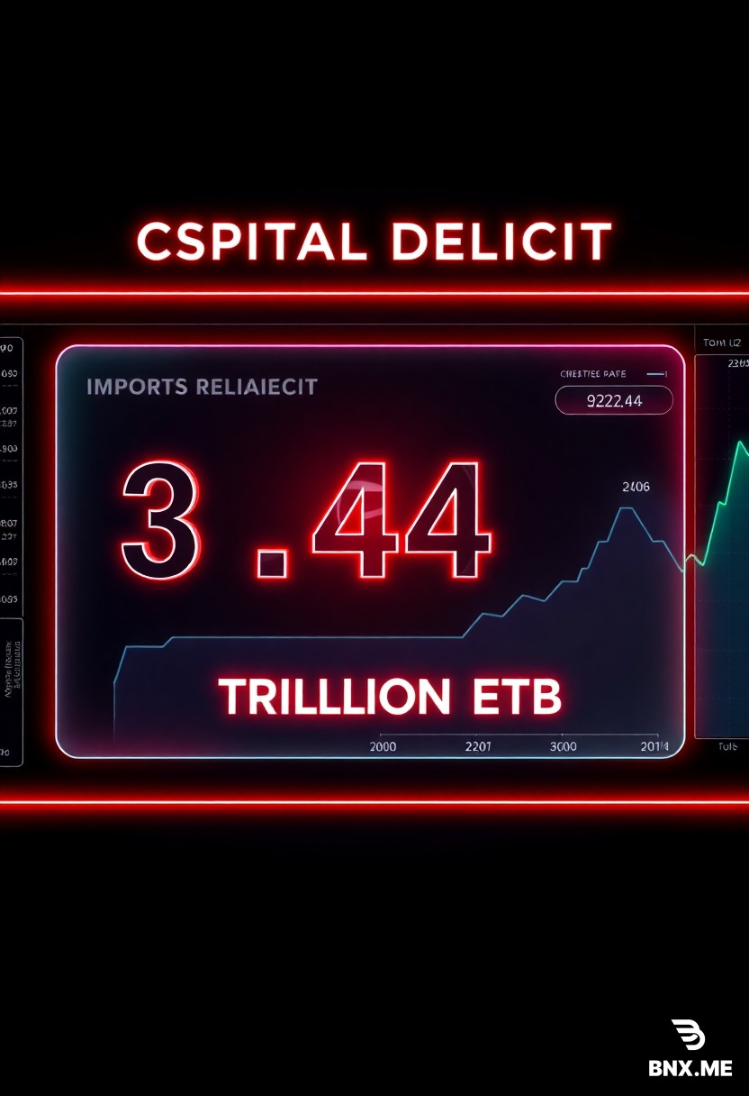 "A hyper-realistic, ultra-premium 16:9 business intelligence dashboard infographic in the style of a Bloomberg Terminal / cyber-fintech report. Dramatic volumetric lighting, deep navy-black #0a0a1a background with a subtle radial gradient glow in the center. High-end glass-morphism (frosted glass) panels with backdrop blur, inner shadows, and vivid neon glowing borders—crimson red #ff2244 on the left, vibrant emerald green #22ff44 on the right.  LEFT PANEL (IMPORT SECTOR – CAPITAL DEFICIT):  A floating glass card with a red neon border.  Top header text: 'MASSIVE CAPITAL DEFICIT' in bold red neon, with a sub-header: 'CRITICAL RELIANCE (IMPORTS > EXPORTS)'.  Center-left displays a massive, 3D extruded metallic number: '3.64 TRILLION ETB' glowing in red, with a drop shadow.  Below it in smaller white text: '9,828 ACTIVE IMPORTERS'. Below that: 'Avg Capital: 116.3M ETB'.  A sleek vertical list of the Top 6 Import Sectors (displayed as semi-transparent dark cards with red borders):  65511 – SCRAP METAL (3,859 licences) 65811 – VEHICLES (2,404 licences) 65321 – APPLIANCES (2,335 licences) 65711 – MACHINERY (2,335 licences) 65812 – SPARE PARTS (2,272 licences) 65731 – ELECTRICAL (2,138 licences) A small red horizontal progress bar indicating '100%' filled.  A minimalist isometric 3D icon of a shipping container and a crane floating nearby with motion blur.  RIGHT PANEL (EXPORT SECTOR – AGRI STRENGTH):  A floating glass card with a green neon border.  Top header text: 'NOTABLE EXPORT SURPLUS' in bold green neon, with a sub-header: 'DOMESTIC STRENGTH (EXPORTS > IMPORTS)'.  Center-right displays a massive, 3D extruded metallic number: '1.17 TRILLION ETB' glowing in green, with a drop shadow.  Below it in smaller white text: '4,446 ACTIVE EXPORTERS'. Below that: 'Avg Capital: 80.7M ETB'.  A sleek vertical list of the Top 6 Export Sectors (displayed as semi-transparent dark cards with green borders):  66113 – PULSES (2,630 licences) 66112 – OILSEEDS (2,614 licences) 66212 – COFFEE (1,473 licences) 66114 – SPICES (1,420 licences) 66111 – CEREALS (1,407 licences) 66115 – FRUITS & VEG (1,154 licences) A small green horizontal progress bar indicating '100%' filled.  A minimalist isometric 3D icon of a coffee bean and a wheat sheaf floating nearby with motion blur.  BOTTOM SCOREBOARD & METADATA (Golden Accents):  A dark metallic semi-transparent bar spanning the bottom width, with a glowing gold #ffcc00 border.  Center text in large bold gold letters: '📊 CAPITAL SURPLUS: IMPORTS EXCEED EXPORTS BY +2.46 TRILLION ETB'.  Left side of the bottom bar: a small horizontal stacked bar chart showing 'REGIONAL BREAKDOWN: ADDIS ABABA 60% | OROMIA 25% | AMHARA 10% | OTHERS 5%' in silver/grey text.  Right side of the bottom bar: metadata text in grey: 'TOP 20 SECTORS ANALYZED (2.542s) | DATA SOURCE: BBO REGISTRY'.  Add a subtle grid overlay on the background. High contrast, cinematic lighting, 8k resolution, photorealistic rendering, editorial financial magazine cover style. No cartoons, no comic style."  VERSION 2: Condensed "Midjourney / Stable Diffusion" Prompt (Midjourney has a character limit. Here is a highly compressed version with all the key data points packed in.)  Copy this prompt exactly:  "A photorealistic, dark navy #0a0a1a cyber-fintech dashboard split-screen infographic. Left (red neon glass panel): 'IMPORT DEFICIT' – bold 3D text '3.64 TRILLION ETB', subtext '9,828 importers, 116M avg cap'. List top 6 import codes: 65511 Scrap(3859), 65811 Vehicles(2404), 65321 Appliances(2335), 65711 Machinery(2335), 65812 Parts(2272), 65731 Electrical(2138). Right (green neon glass panel): 'EXPORT SURPLUS' – bold 3D text '1.17 TRILLION ETB', subtext '4,446 exporters, 80M avg cap'. List top 6 export codes: 66113 Pulses(2630), 66112 Oilseeds(2614), 66212 Coffee(1473), 66114 Spices(1420), 66111 Cereals(1407), 66115 Fruits(1154). Bottom gold scoreboard: 'CAPITAL SURPLUS: +2.46 TRILLION ETB'. Bottom left text: 'Regions: Addis 60%, Oromia 25%, Amhara 10%'. Bottom right text: '20 Sectors Analyzed (2.542s)'. Volumetric lighting, glass-morphism, isometric 3D icons (crane, coffee bean), 8k, premium magazine cover, ultra-detailed, --ar 16:9 --v 6."